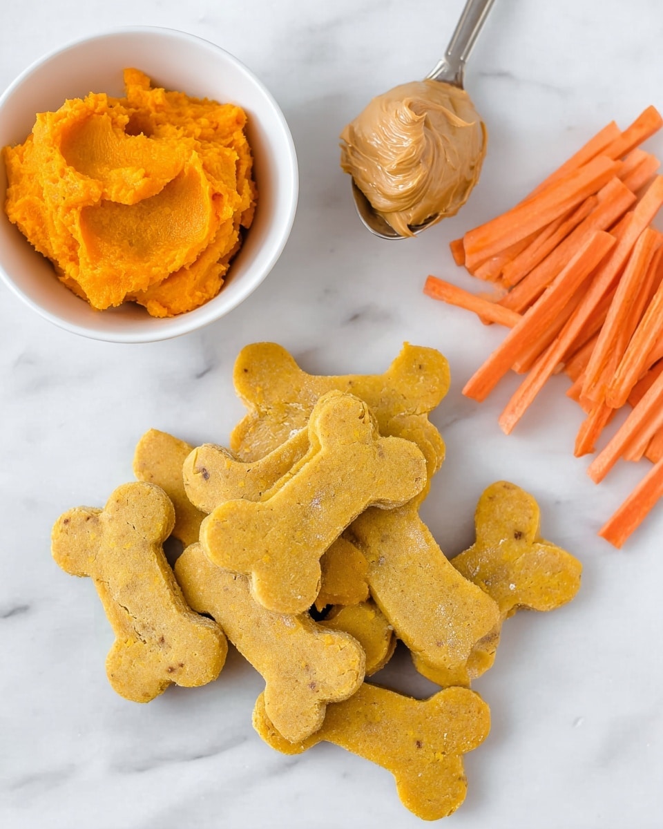 The image shows a group of bone-shaped dog treats in the center, golden yellow in color with a slightly rough texture and some small darker spots. To the upper left, there is a white bowl filled with bright orange mashed sweet potato, smooth with some texture visible. Above the treats and slightly to the right, a spoon holds a dollop of light brown peanut butter, creamy with soft peaks. On the far right, there is a small pile of thin, bright orange carrot sticks. All items rest on a white marbled surface. Photo taken with an iphone --ar 4:5 --v 7