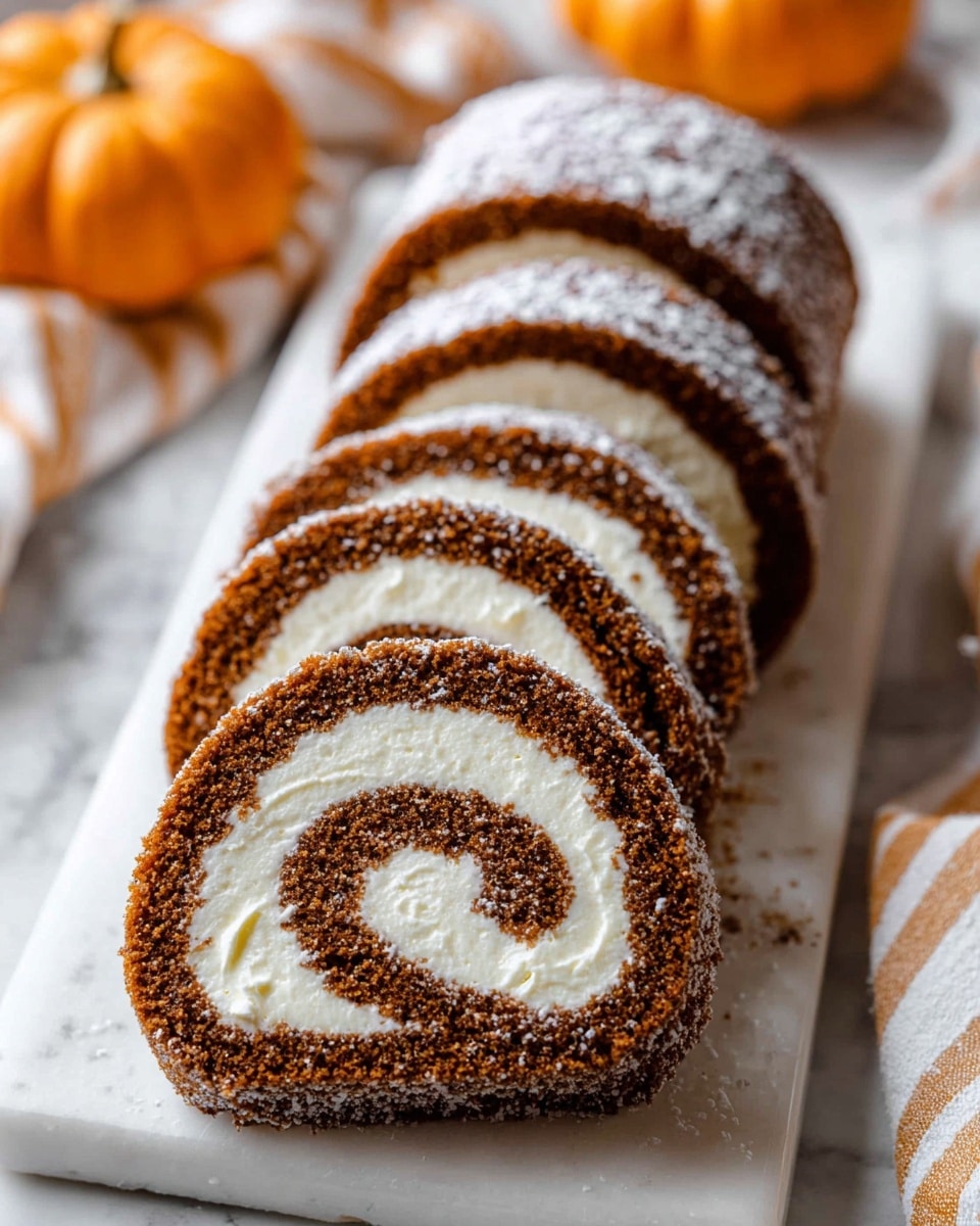 The image shows a rolled cake sliced into five pieces, placed linearly on a white marbled board. Each slice has two clear layers: a thick, soft brown cake layer on the outside with a moist texture, and a creamy white filling spiraled inside, smooth and rich. The top of the whole roll is dusted lightly with powdered sugar. The background includes a small part of an orange pumpkin and a white cloth with beige stripes nearby, all set against the white marbled texture. photo taken with an iphone --ar 4:5 --v 7