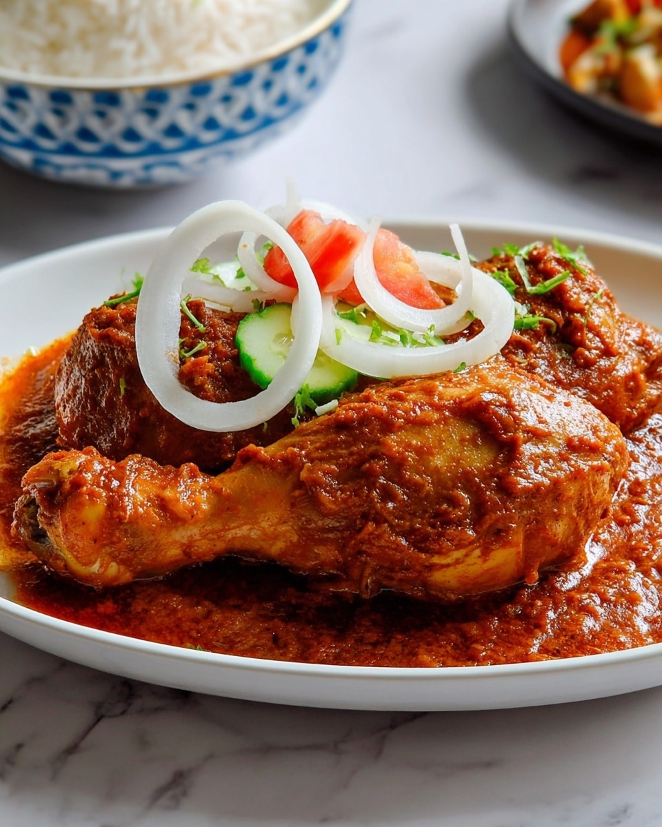 The dish shows two chicken drumsticks covered in a thick, rich reddish-brown sauce with a textured, slightly chunky look. On top of the chicken, there are two white onion rings placed flat, along with a small piece of light red tomato and a pale green slice of cucumber resting on the onion. The chicken sits in a shallow white plate with curved sides, and a bit of sauce has spread around the base. The background is a white marbled texture with parts of another bowl of rice faintly visible on the right side. Photo taken with an iphone --ar 4:5 --v 7