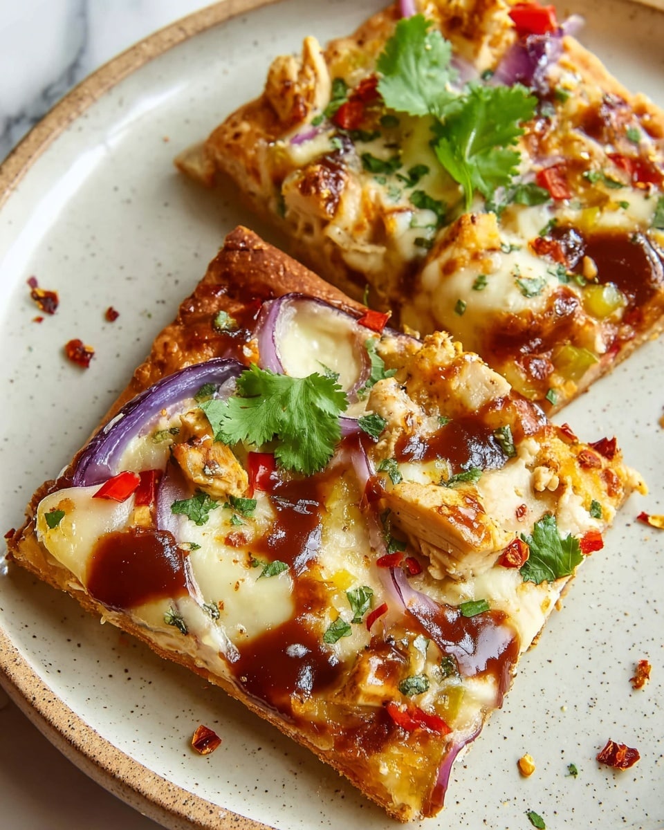 Two square slices of pizza rest on a white plate with a speckled texture over a white marbled surface. The base layer is a golden-brown crispy crust. On top is melted creamy cheese covering the slices unevenly, with some browned spots. Scattered over the cheese are chunks of grilled light yellow chicken, thin slices of purple-red onion, small red bell pepper pieces, and chopped green cilantro leaves. A shiny dark brown sauce is drizzled over parts of the pizza, and there are coarse salt crystals sprinkled on top, adding texture. Some flakes of crushed red pepper are also visible around. Photo taken with an iphone --ar 4:5 --v 7