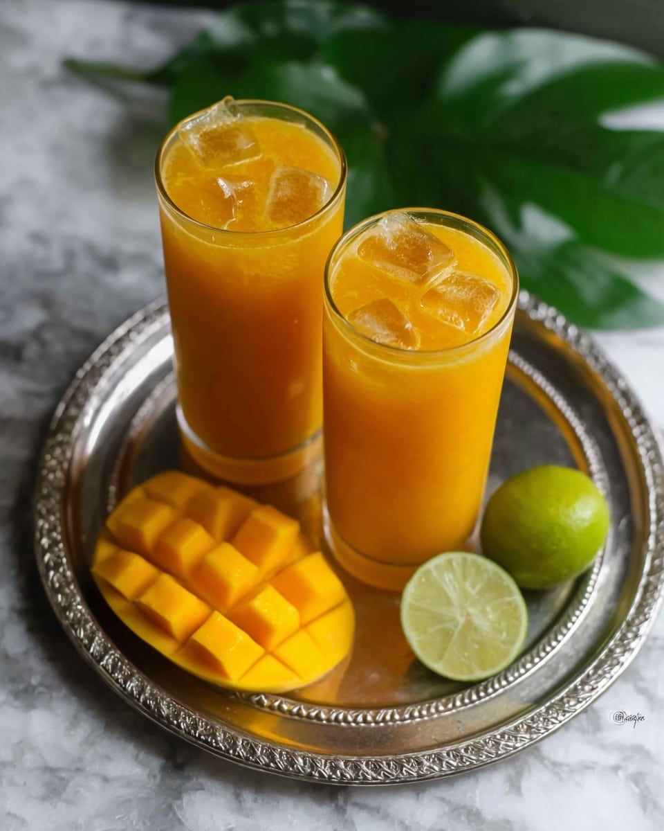 The image shows two tall clear glasses filled with a bright orange mango drink topped with a few ice cubes, giving a refreshing look. The glasses sit side by side on a shiny silver tray with decorative edges. Next to the glasses on the tray is a half of a ripe mango with bright yellow flesh scored into cubes, and a half lime with a pale green interior. In the background, there is a green leaf that adds a touch of nature. The whole scene is set on a white marbled surface. photo taken with an iphone --ar 4:5 --v 7