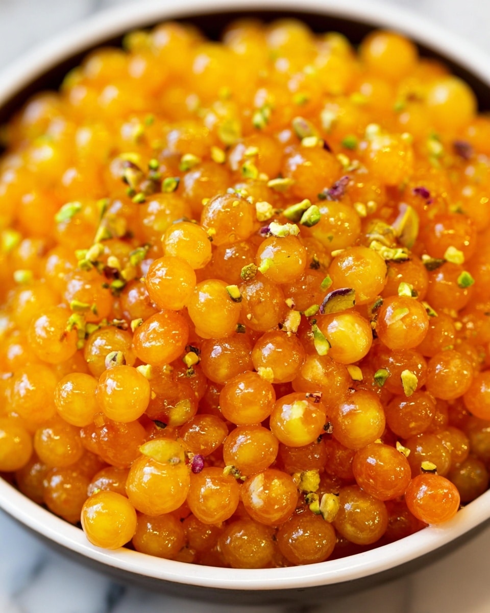 The image shows a close-up of a black bowl filled with small, round, golden-yellow and orange crispy fried balls, glistening with a shiny coating, and sprinkled with thinly sliced green pistachio nuts on top. The bowl is placed on a white marbled surface, next to a white bowl holding whole pistachios and another small white bowl containing saffron threads. A red and white striped cloth is partly visible beneath the bowls. The lighting highlights the glossy texture of the fried balls, making them look fresh and crunchy. photo taken with an iphone --ar 4:5 --v 7