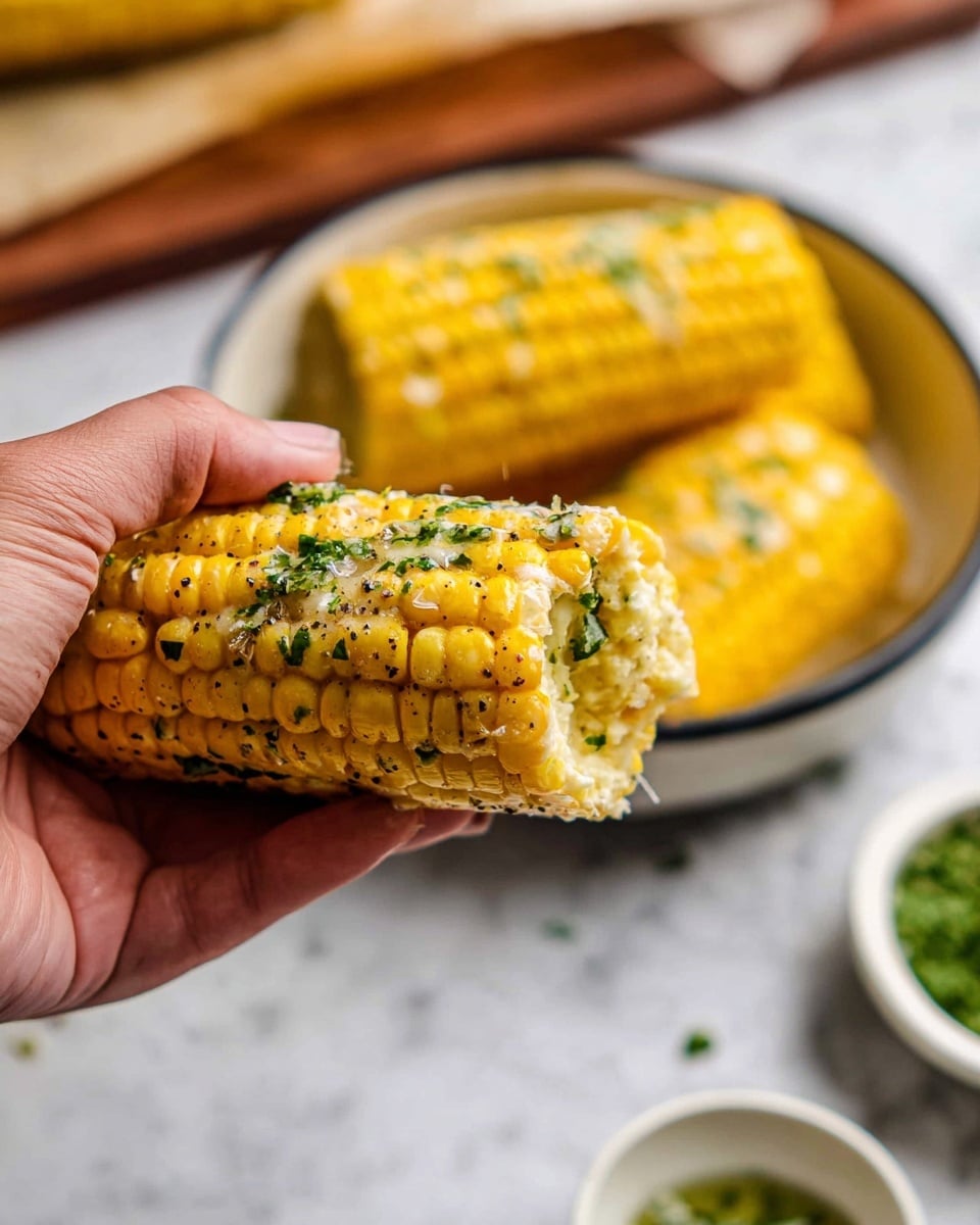 The image shows a yellow pan filled with nine pieces of corn on the cob, cut into smaller sections, soaking in a creamy, yellow butter sauce. Each corn piece is coated with a light sprinkle of green herbs and black pepper, giving texture contrast. The pan handle is visible at the bottom right, and near it are fresh green corn husks with silk strands. Around the pan on a white marbled surface, there are small glass bowls containing black pepper, white salt, and more green herbs. Some herb flakes are scattered lightly on the surface. A dark round plate with a wooden spoon sits partly in the lower left corner. photo taken with an iphone --ar 4:5 --v 7
