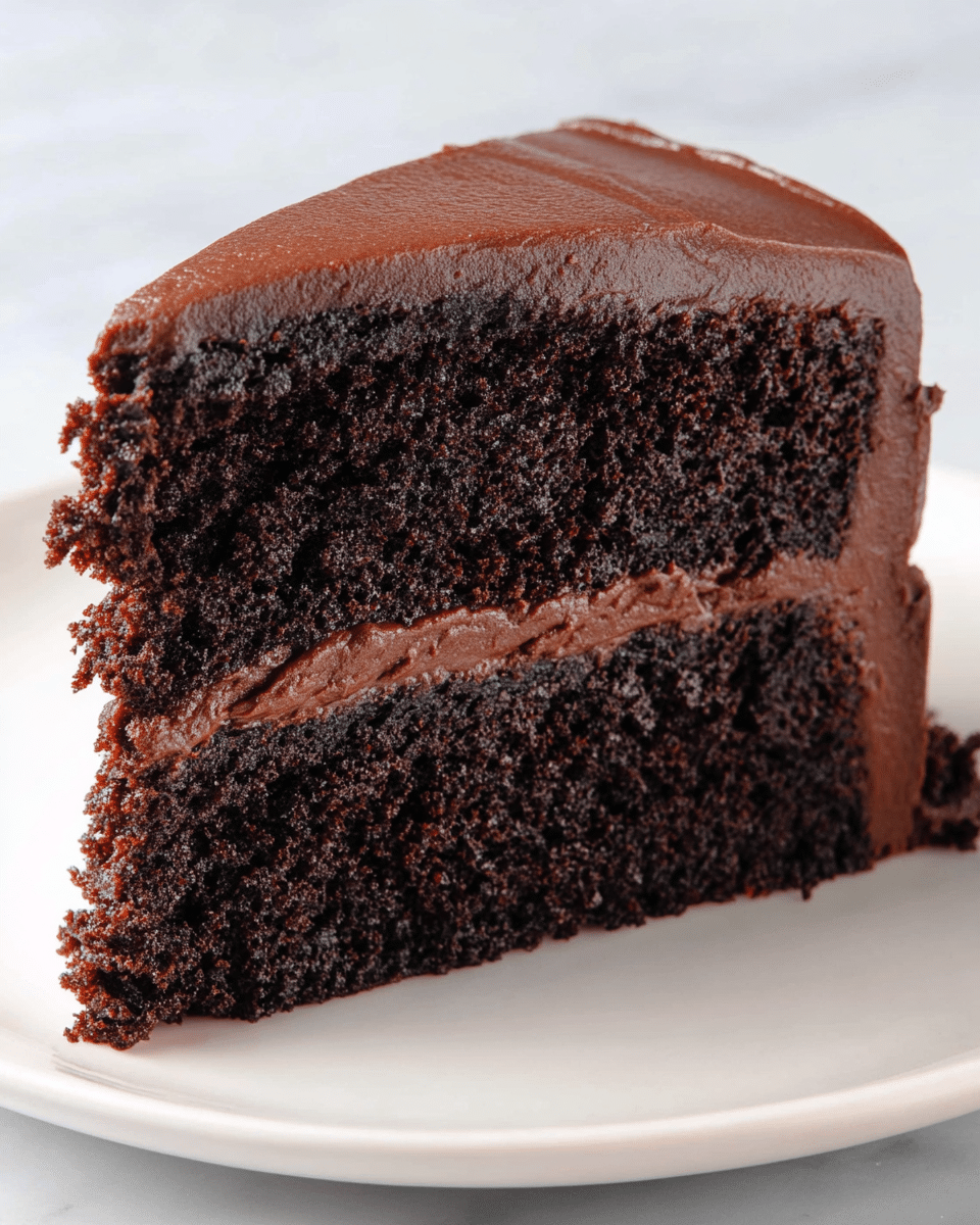 A close-up view of a two-layer slice of chocolate cake on a white plate, placed on a white marbled surface. The cake has two thick dark brown, moist-looking chocolate sponge layers with a smooth, slightly lighter brown chocolate frosting layer in between. The outer edges of the slice are covered with the same smooth chocolate frosting, which appears creamy and rich. The texture of the cake layers is airy with visible tiny holes typical for a well-baked chocolate cake. photo taken with an iphone --ar 4:5 --v 7