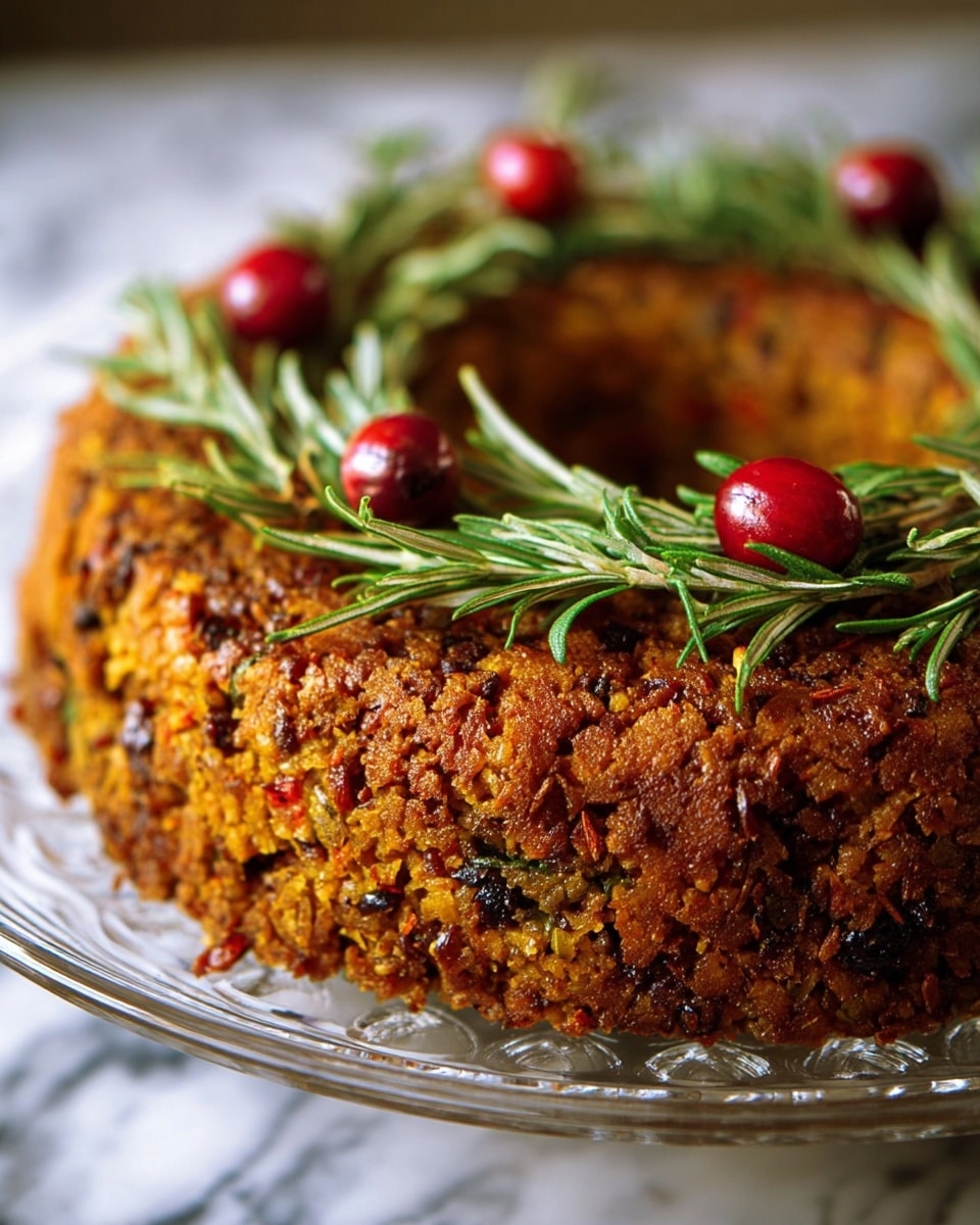 A round wreath-shaped dish with a textured, golden-brown crust made of a nutty or grainy mixture sits on a clear glass plate. The wreath is decorated on top with fresh green rosemary sprigs and bright red cranberries evenly spaced around the ring. Inside the hollow center of the wreath are more green herb sprigs and red cranberries resting on the plate. The whole setup is placed on a white marbled surface, emphasizing the natural, rustic look of the dish. photo taken with an iphone --ar 4:5 --v 7