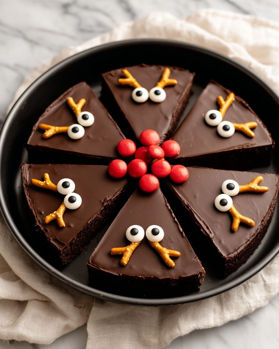 The image shows a round chocolate cake with a smooth, shiny dark chocolate top layer, divided into eight slices. Each slice has two small white candy eyes and is topped with a golden pretzel near the edge. In the center of the cake, there is a cluster of six red candy pieces. The cake appears dense and rich with a dark brown base, placed inside a round black pan. The pan is set on white marbled texture with a white cloth nearby. Photo taken with an iphone --ar 4:5 --v 7