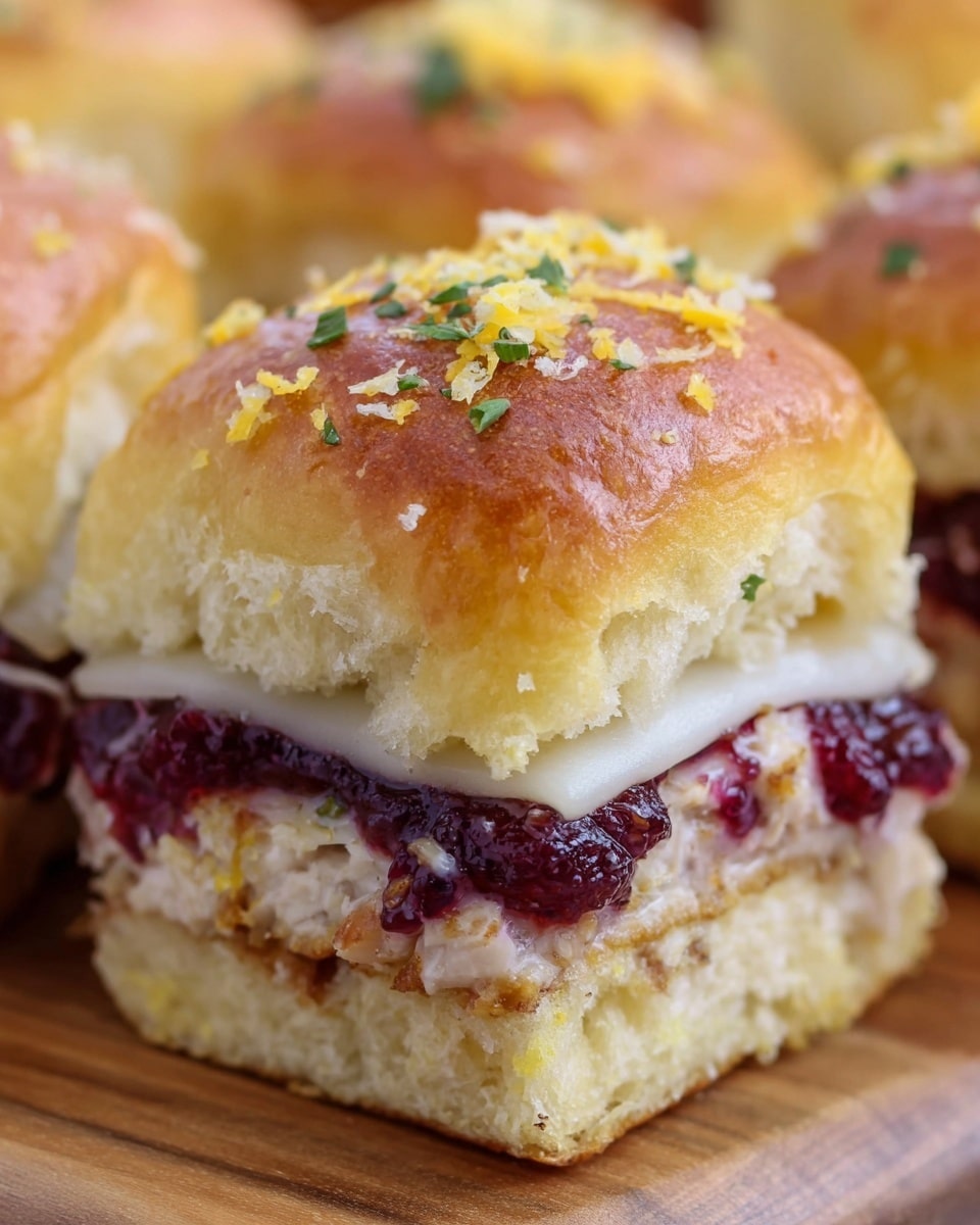The image shows a close-up of a sandwich slider with three visible layers. The top layer is a soft golden-brown bun sprinkled with light yellow grated cheese and small bits of green herbs. Below it, there is a white slice of melted cheese with a smooth texture. The middle layer is a rich, dark red cranberry sauce that looks thick and chunky. The bottom layer is a lighter, creamy mixture that appears to be turkey or chicken salad, with light pink and white colors. The sandwich sits on a light brown wooden surface with blurred similar sliders in the background. photo taken with an iphone --ar 4:5 --v 7