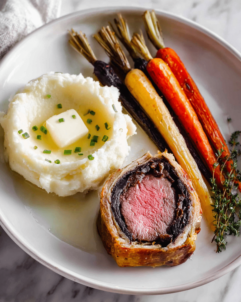 A white round plate holds three main parts: a large mound of creamy mashed potatoes on the left with a glossy melting square of butter in the center and small green chive pieces sprinkled on top; in the lower center, a thick slice of beef Wellington with a golden-brown pastry crust wrapping a dark mushroom layer and a pink, medium-cooked beef interior; on the right side, a cluster of roasted carrots in different colors—orange, yellow, and deep purple—arranged side by side with a slight char and glossy skin, resting on small sprigs of fresh thyme. The plate sits on a white marbled surface. photo taken with an iphone --ar 4:5 --v 7