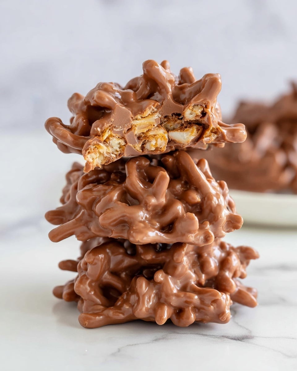 A stack of three irregularly shaped chocolate clusters sits on a white plate, each cluster made from finger-like pieces covered in smooth milk chocolate. The top cluster is bitten to show a crunchy inside with light brown and creamy textured bits. The chocolate coating is glossy and thick, wrapping the thin sticks tightly in a random formation. The background is a soft, white marbled texture that brightens the scene. photo taken with an iphone --ar 4:5 --v 7