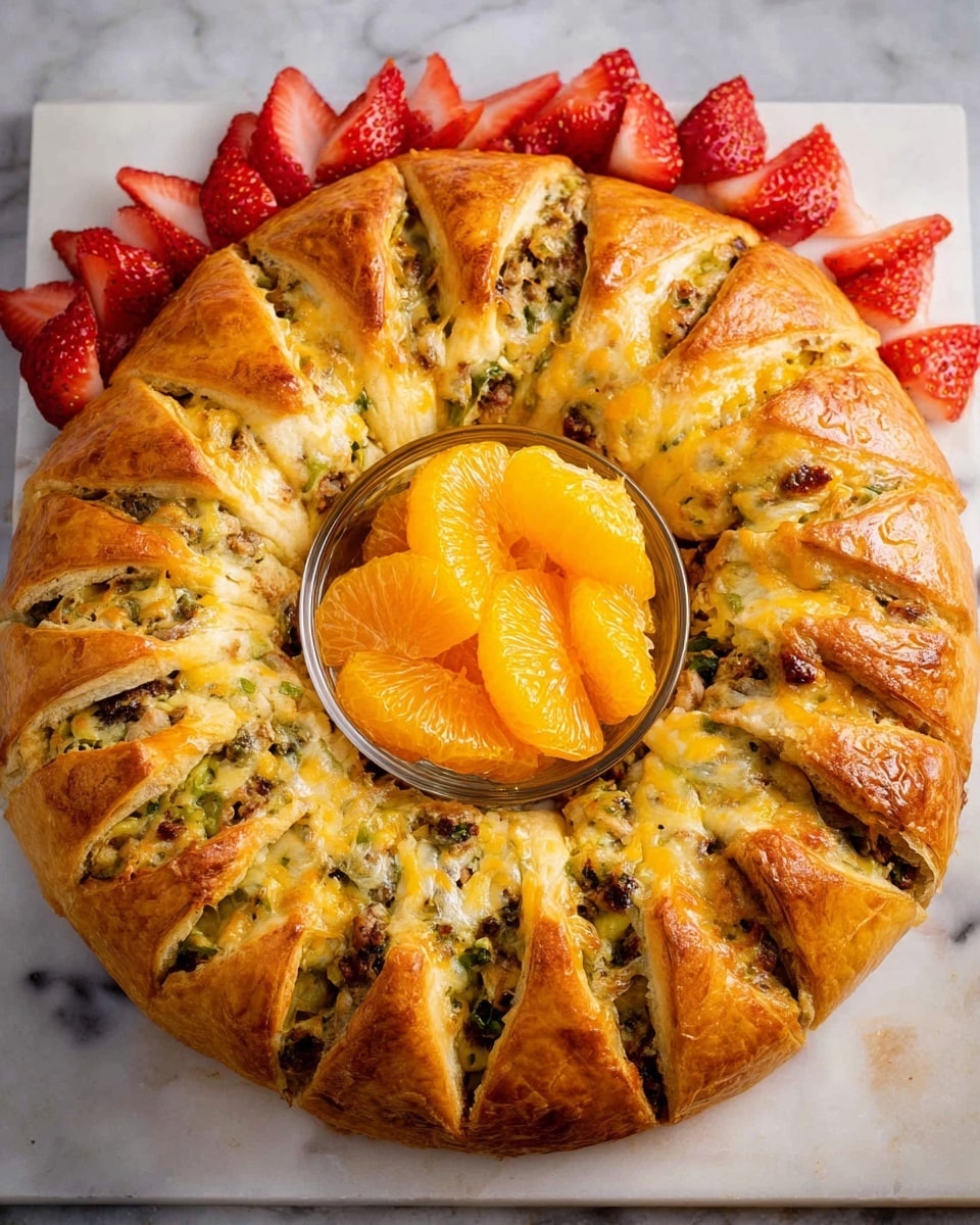 A large, golden-brown baked ring made of flaky dough with visible layers showing a cheesy filling mixed with bits of green vegetables and possibly ground meat, each slice slightly separated to reveal the filling inside. The ring encircles a clear glass bowl filled with bright orange tangerine slices on one side and fresh red strawberry halves on the other, all placed on a white marbled surface. The crust has a smooth, shiny texture indicating an egg wash, and the overall look is warm and inviting, perfect for sharing. photo taken with an iphone --ar 4:5 --v 7