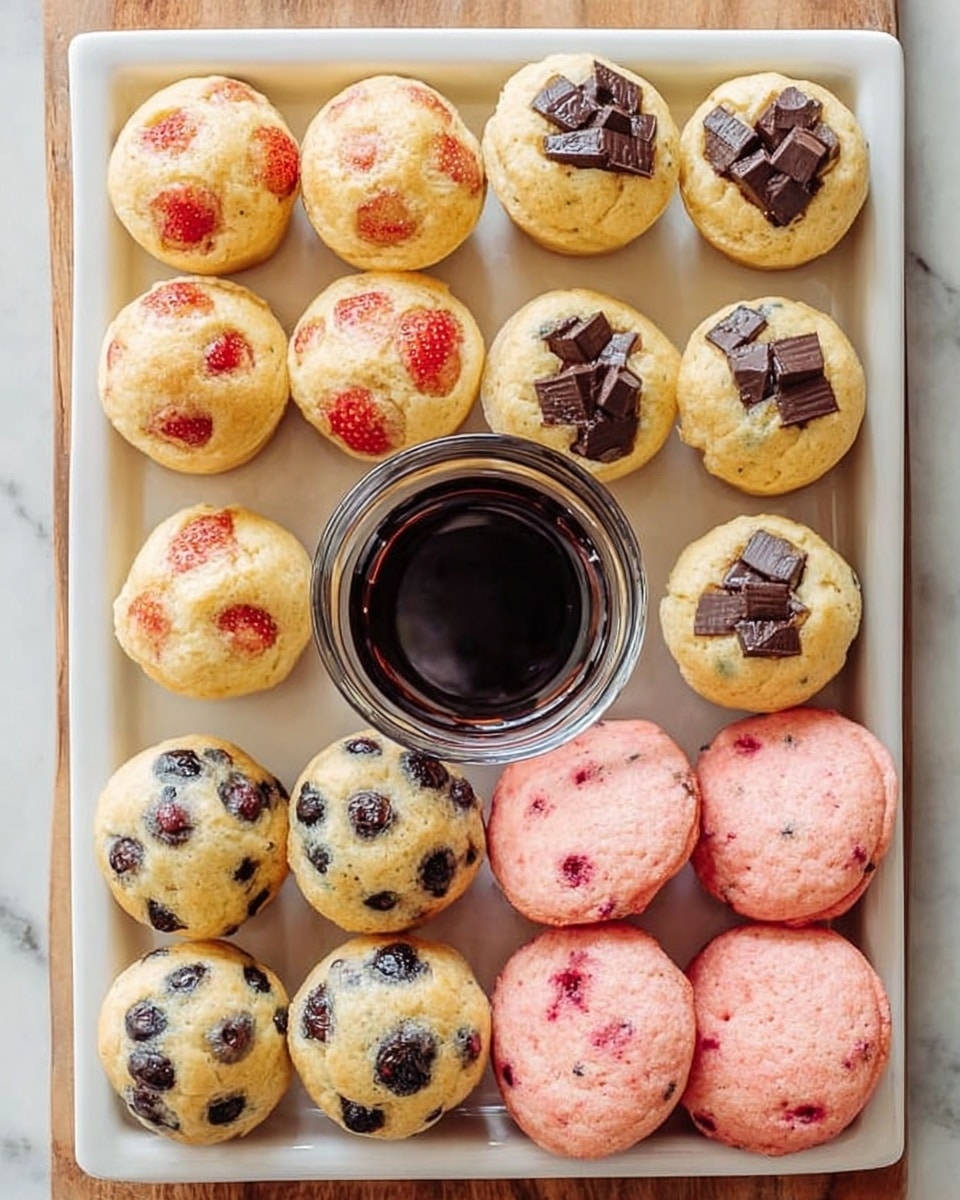 A metal muffin tray holds 24 small muffins before baking, arranged in four rows and six columns. The muffins show four different types: one with chunks of red strawberries scattered inside a pale yellow batter; another with dark chocolate chips embedded in the light batter; a third type with a smooth pink batter that has a soft, slightly speckled texture; and the last type containing dark blueberries with a few purple hints inside the pale batter. The tray has small drops of moisture on its surface and rests on a white marbled texture. A few blueberries lay near the top right corner outside the tray. photo taken with an iphone --ar 4:5 --v 7
