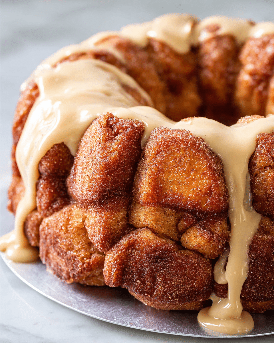 A close-up of a round monkey bread with visible thick layers of golden brown dough pieces tightly stacked into a ring shape. The surface of the dough is textured with a cinnamon sugar coating that gives it a slightly rough and shiny look. On top, thick beige icing is poured generously, dripping down the sides unevenly in smooth, creamy streams, contrasting with the darker dough. The monkey bread sits on a white marbled surface with a silver-colored base beneath it. photo taken with an iphone --ar 4:5 --v 7
