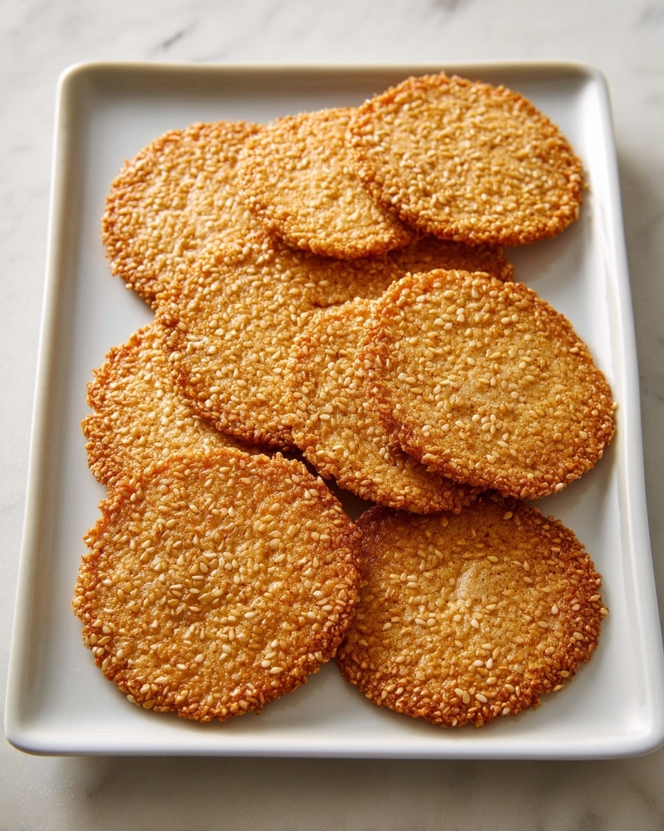 A white rectangular plate holds eight round, thin cookies that have a golden-brown color with a texture full of small sesame seeds. The cookies are arranged in small overlapping groups, showing their crispy edges and slightly rough surface dotted with sesame seeds. The plate is on a white marbled surface, giving a clean and bright look to the whole scene. photo taken with an iphone --ar 4:5 --v 7
