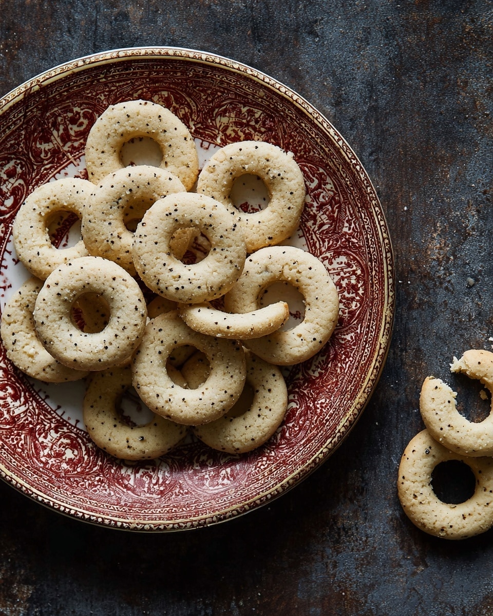A round white plate with an ornate red and gold patterned rim holds a pile of light beige circular cookies with a hole in the middle, each cookie dotted with small black seeds. The plate sits on a dark textured surface. Some cookies are slightly overlapping, and to the right, two cookies rest outside the plate, one partially eaten. The cookies have a soft, slightly cracked texture. Photo taken with an iphone --ar 4:5 --v 7