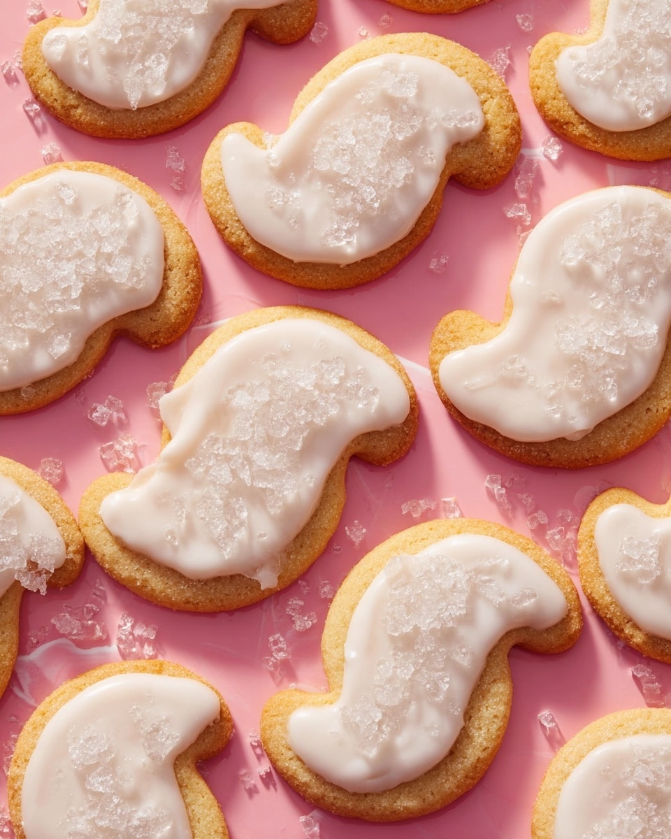 The image shows many cookies on a pink background with a white marbled texture. Each cookie has two layers: a golden brown base that looks soft and slightly thick, topped with a smooth, white icing layer that is spread unevenly and shiny. On top of the icing, there are large, clear sugar crystals sprinkled unevenly, adding texture and sparkle to the cookies. The cookies have a curved, somewhat ornate shape that looks like a small wave or scroll. photo taken with an iphone --ar 4:5 --v 7