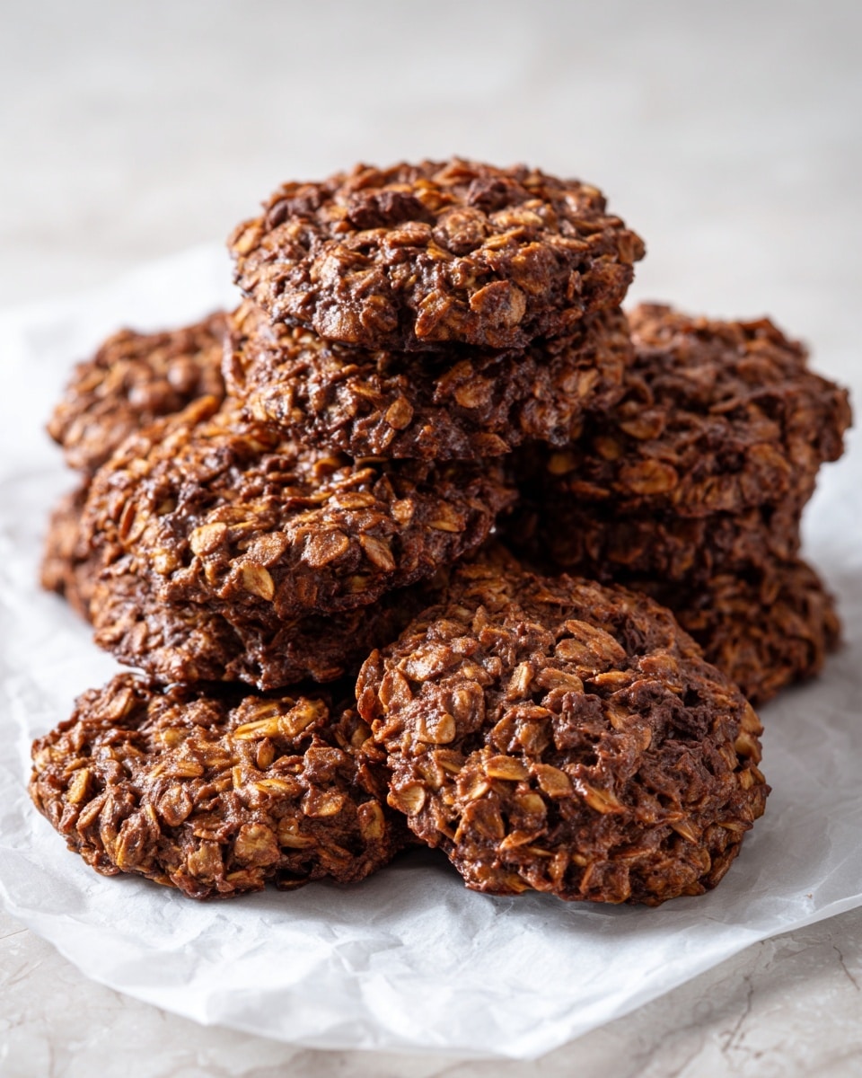 The image shows a close-up of several round, thick oatmeal chocolate cookies with a rough and chunky texture, stacked and spread out on a white marbled surface covered with white parchment paper. Each cookie is made of visible oats mixed with chocolate, giving a brown and slightly shiny look. The cookies have uneven edges and a dense, chewy appearance, with some crumbs scattered around them. photo taken with an iphone --ar 4:5 --v 7