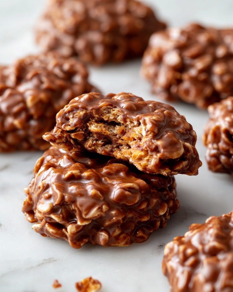 The image shows several no-bake cookies close up on a white marbled surface. The cookies have a rough, bumpy texture made of oats mixed with a light brown chocolate coating. One cookie is broken in half, revealing a dense inside that is also a light brown color with bits of oats visible. The cookies are rounded but unevenly shaped, and there are a few cookie crumbs scattered around them. photo taken with an iphone --ar 4:5 --v 7