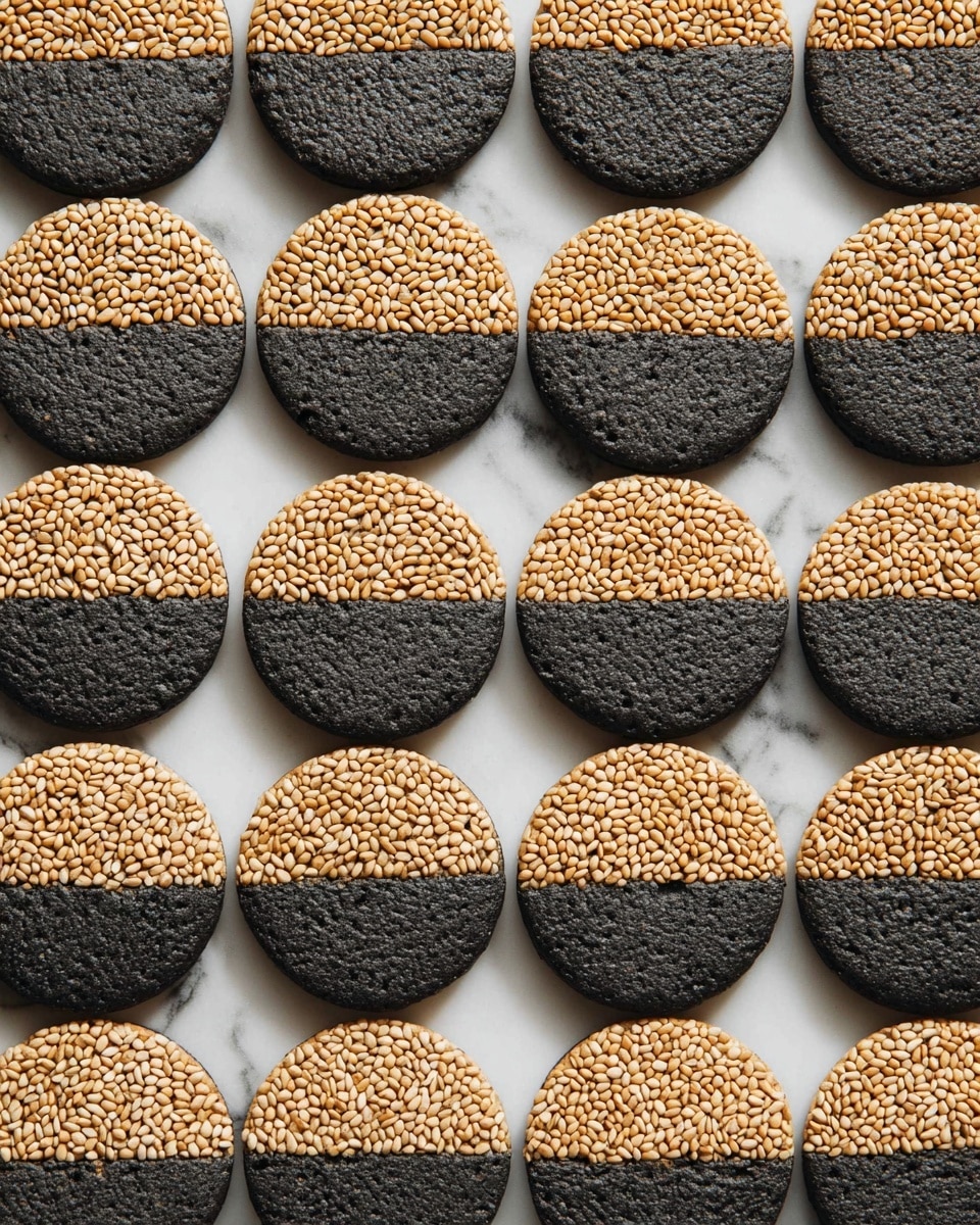 The image shows many round black cookies arranged in neat rows on a white marbled surface. Each cookie is divided into two halves: the lower half is plain black and has a rough texture, while the upper half is covered with a thick layer of small, light brown seeds, creating a clear contrast. The cookies are evenly spaced, showing the crisp edges and the differences in texture clearly. There is no other item or decoration in the image, focusing the attention fully on the cookies. photo taken with an iphone --ar 4:5 --v 7