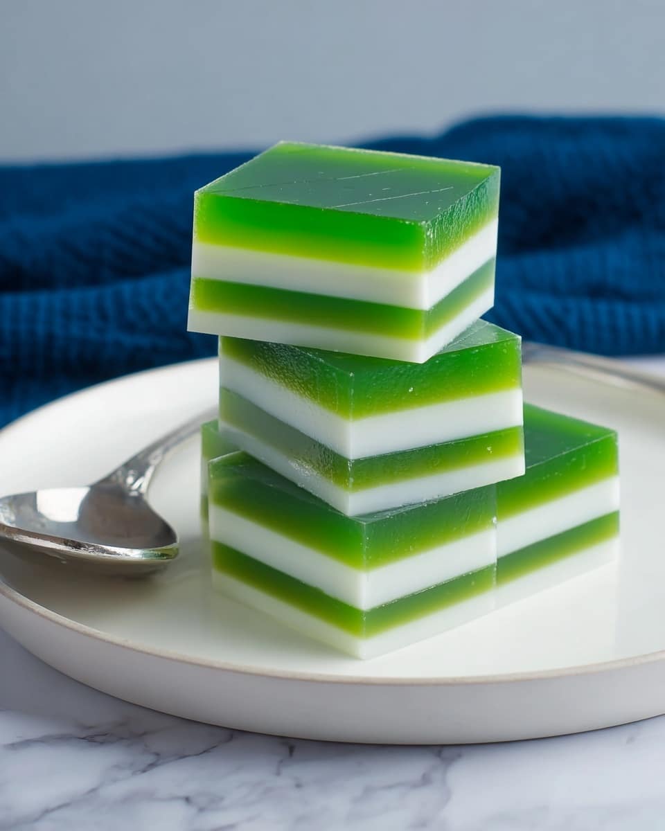 Four green and white layered jelly squares stand stacked on a white plate with a shiny metal spoon beside them. Each square has eight thin layers alternating between a clear bright green and a smooth opaque white, with a flat top layer of green. The jelly looks smooth and slightly glossy, showing a clean cut on each piece. The background is a soft blue with a dark blue cloth partially visible behind the plate, and the plate sits on a white marbled surface. photo taken with an iphone --ar 4:5 --v 7