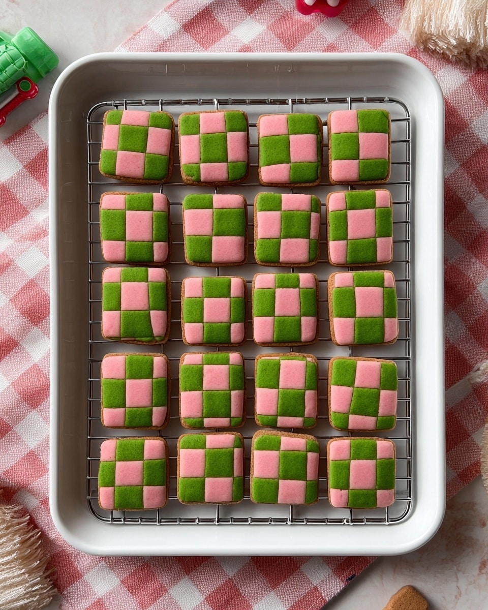 The image shows fifteen square cookies arranged in three rows and five columns on a white rectangular tray with a metal grid. Each cookie has a checkerboard pattern made of alternating pink and green squares, creating a neat, colorful design. The cookies have a smooth texture with clean edges, and they rest on the grid inside the tray, which is placed on a pink and white checkered cloth with a white marbled texture surface visible around it. A small toy and a piece of a cookie are seen partially in the corners. Photo taken with an iphone --ar 4:5 --v 7