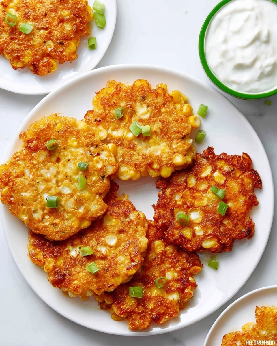 The image shows a white plate on a white marbled surface with six golden-brown corn fritters arranged in a slightly overlapping way. Each fritter has a rough, crispy texture with visible corn kernels, and is topped with small pieces of green onion. To the top right of the plate, there is a small white bowl filled with thick white sour cream, and to the bottom left, another white plate with three smaller corn fritters is partly visible, along with a second small white bowl of sour cream with a green rim. The scene is bright and clean, focusing on the warm colors and textures of the fritters and the smooth cream. Photo taken with an iphone --ar 4:5 --v 7