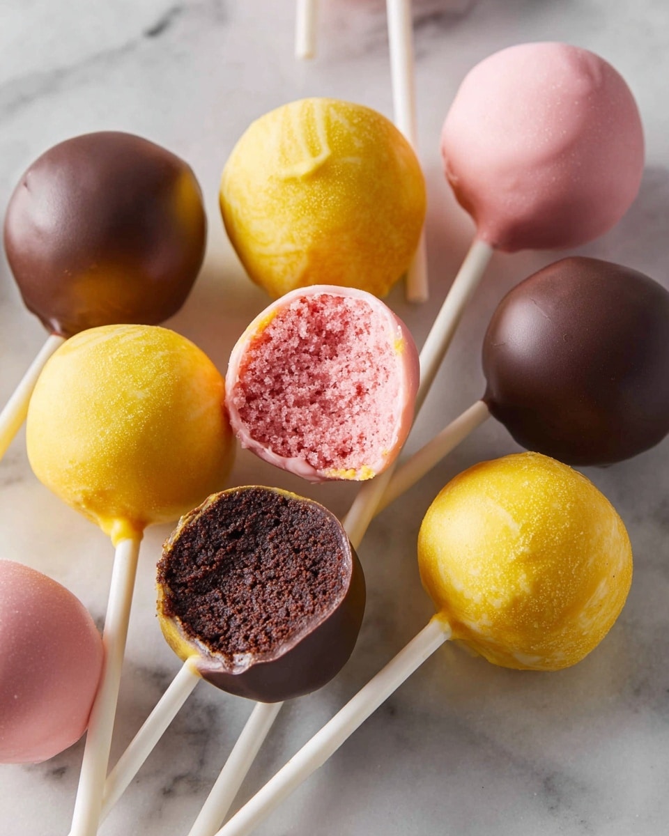 The image shows a group of round cake pops on white sticks, placed on a white marbled surface. There are three different cake pop coatings: smooth dark brown chocolate, bright yellow, and soft pink. Two cake pops have bites revealing their inner texture: one with pink coating showing a light pink cake inside, and one with yellow coating showing a yellow cake inside; another with dark brown chocolate coating reveals a rich dark chocolate cake inside. The cake pops are arranged casually, with the sticks crossing each other and pointing in different directions. photo taken with an iphone --ar 4:5 --v 7