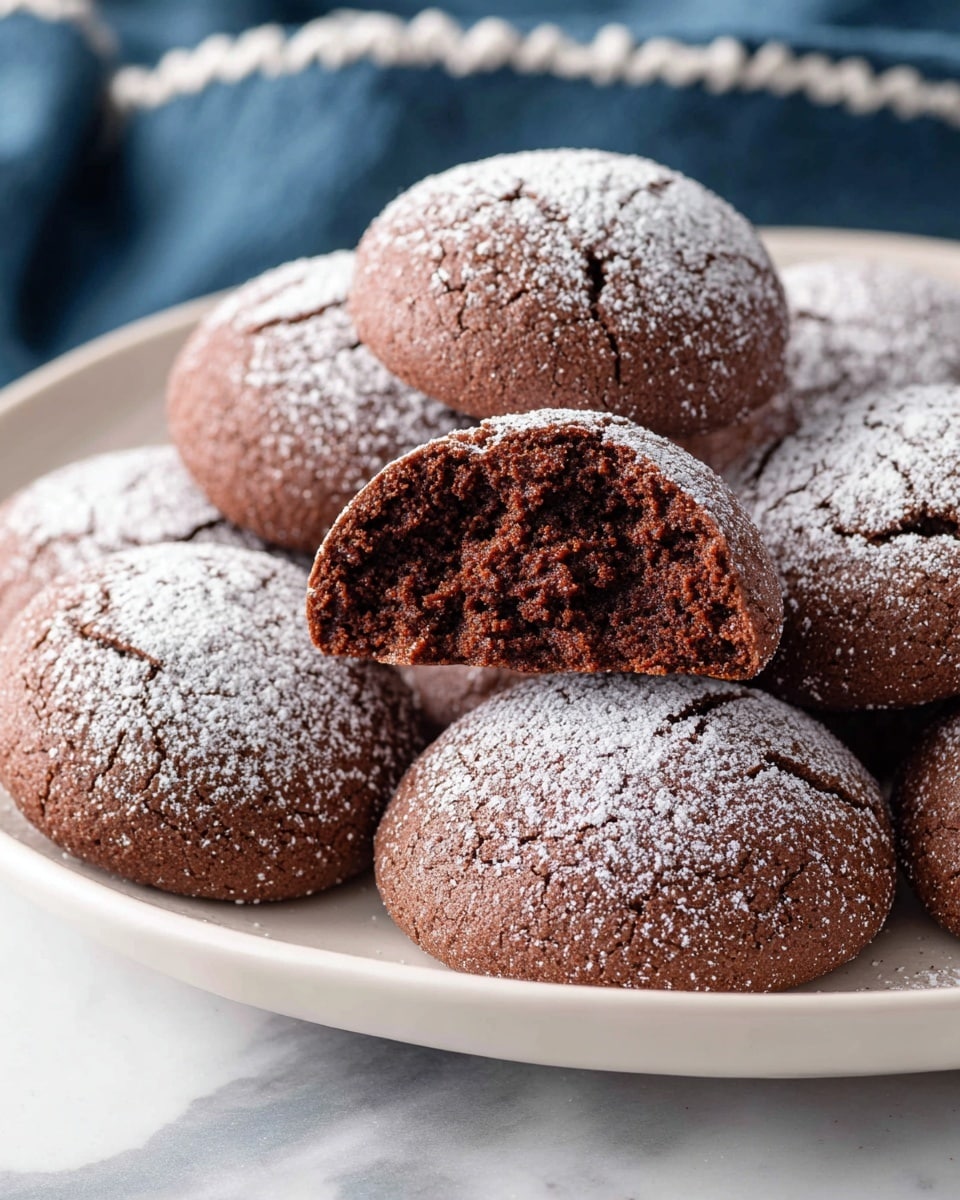 A white plate is filled with a single layer of round chocolate cookies that are dark brown in color and have a cracked texture on the surface. The cookies are evenly covered with a light dusting of white powdered sugar, which stands out against the dark brown. The plate is placed on a white marbled surface, with a corner of a blue cloth visible at the bottom left. Photo taken with an iphone --ar 4:5 --v 7