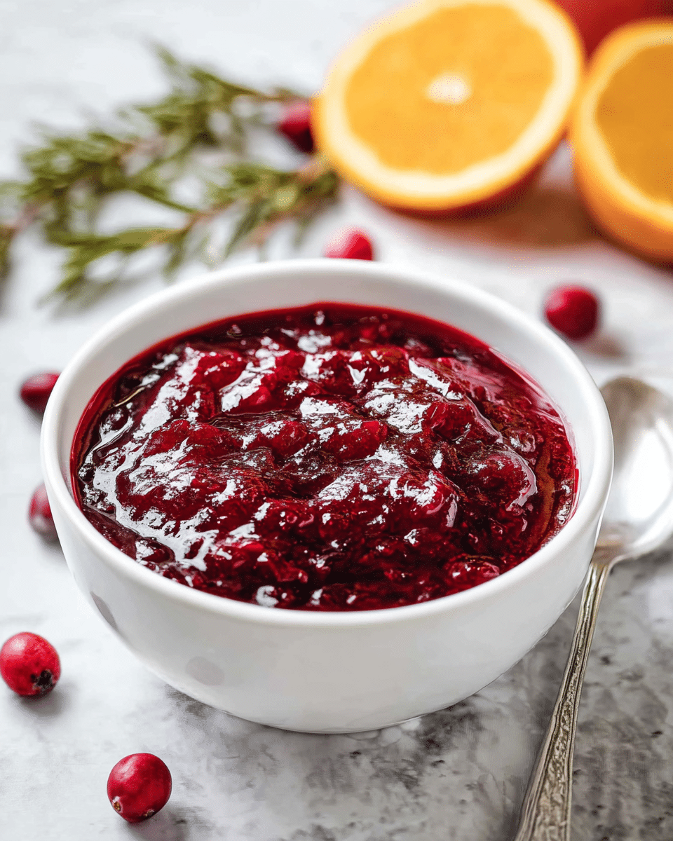 A white bowl filled with thick, glossy deep red cranberry sauce with a slightly chunky texture sits on a white marbled surface. Around the bowl, there are a few scattered fresh red cranberries, a silver spoon to the right, and in the background, two halves of a bright orange and some green rosemary sprigs add color and freshness. The bowl is centered in the frame with natural soft light highlighting the shiny sauce. Photo taken with an iphone --ar 4:5 --v 7