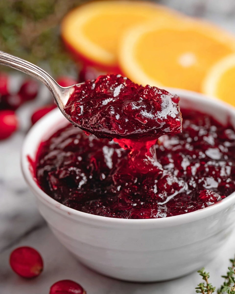 A close-up image shows a white bowl filled with thick, dark red cranberry sauce that has a glossy, chunky texture. A spoon lifts some of the sauce from the bowl, revealing its dense, shiny mix of whole and crushed berries. In the background, out of focus, are slices of orange and some fresh green herbs, with a few bright red cranberries scattered on a white marbled surface near the bowl. photo taken with an iphone --ar 4:5 --v 7