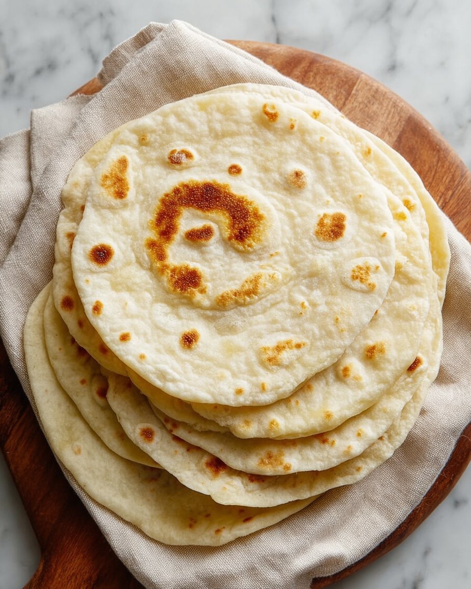 A stack of six round, soft flatbreads arranged on a wooden board lined with a light beige cloth. Each flatbread has a pale cream color with scattered light brown toasted spots, showing a slightly bubbly texture. The top flatbread has one unique raised, circular spot in the center with a more concentrated golden-brown toast. The background features a white marbled surface. photo taken with an iphone --ar 4:5 --v 7
