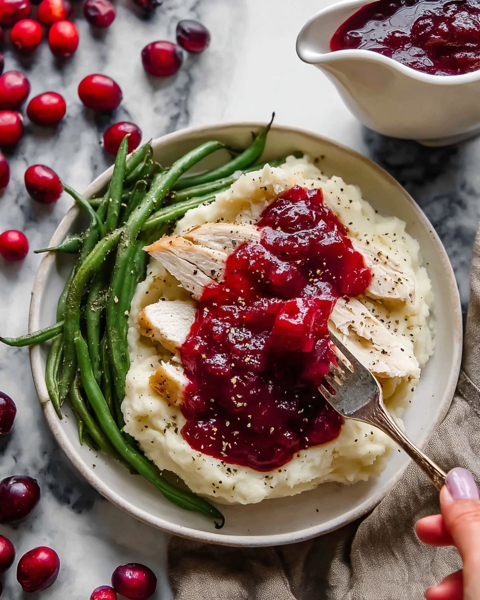 A white gravy boat filled with thick, deep red cranberry sauce with a slightly textured surface is placed in the center of the image on a white marbled texture. Around the sauce, there are scattered whole red cranberries and two green jalapeño peppers at the front and side edges. In the background, slightly out of focus, are two white plates each with a mix of green beans and mashed potatoes topped with red cranberry sauce. Photo taken with an iphone --ar 4:5 --v 7