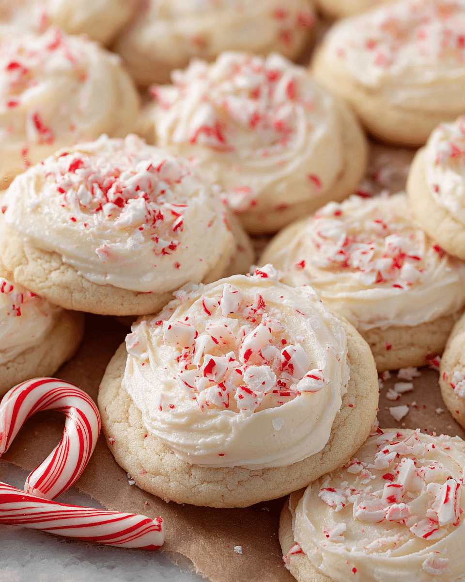 The image shows many round, soft cookies with a pale beige color, topped with a thick layer of creamy white frosting. On top of the frosting, there are crushed pieces of red and white peppermint candy scattered unevenly. The cookies are placed closely together on a white marbled surface covered with brown parchment paper. In the foreground, two whole red and white striped peppermint candies are visible. The texture of the cookies looks slightly crumbly, with smooth and swirled frosting on top, and the peppermint pieces add a crunchy, colorful contrast. photo taken with an iphone --ar 4:5 --v 7