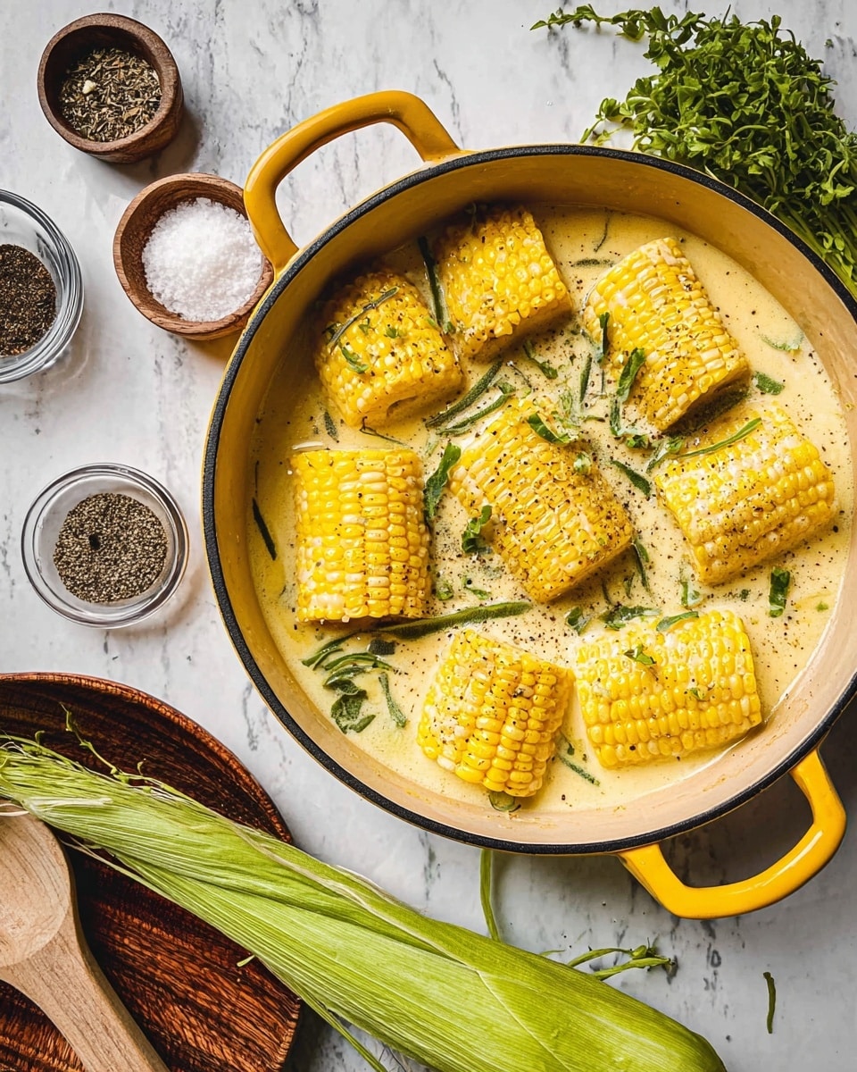 A woman's hand holds a piece of cooked corn on the cob covered with melted butter, sprinkled with green herbs and black pepper. The corn is bright yellow with plump kernels, and there is a visible bite taken out of it that shows the soft inside. In the background, there is a white bowl containing more corn pieces with a similar butter and herb coating. The whole setup is on a white marbled surface with small white bowls of herb sauce near the bottom right. photo taken with an iphone --ar 4:5 --v 7