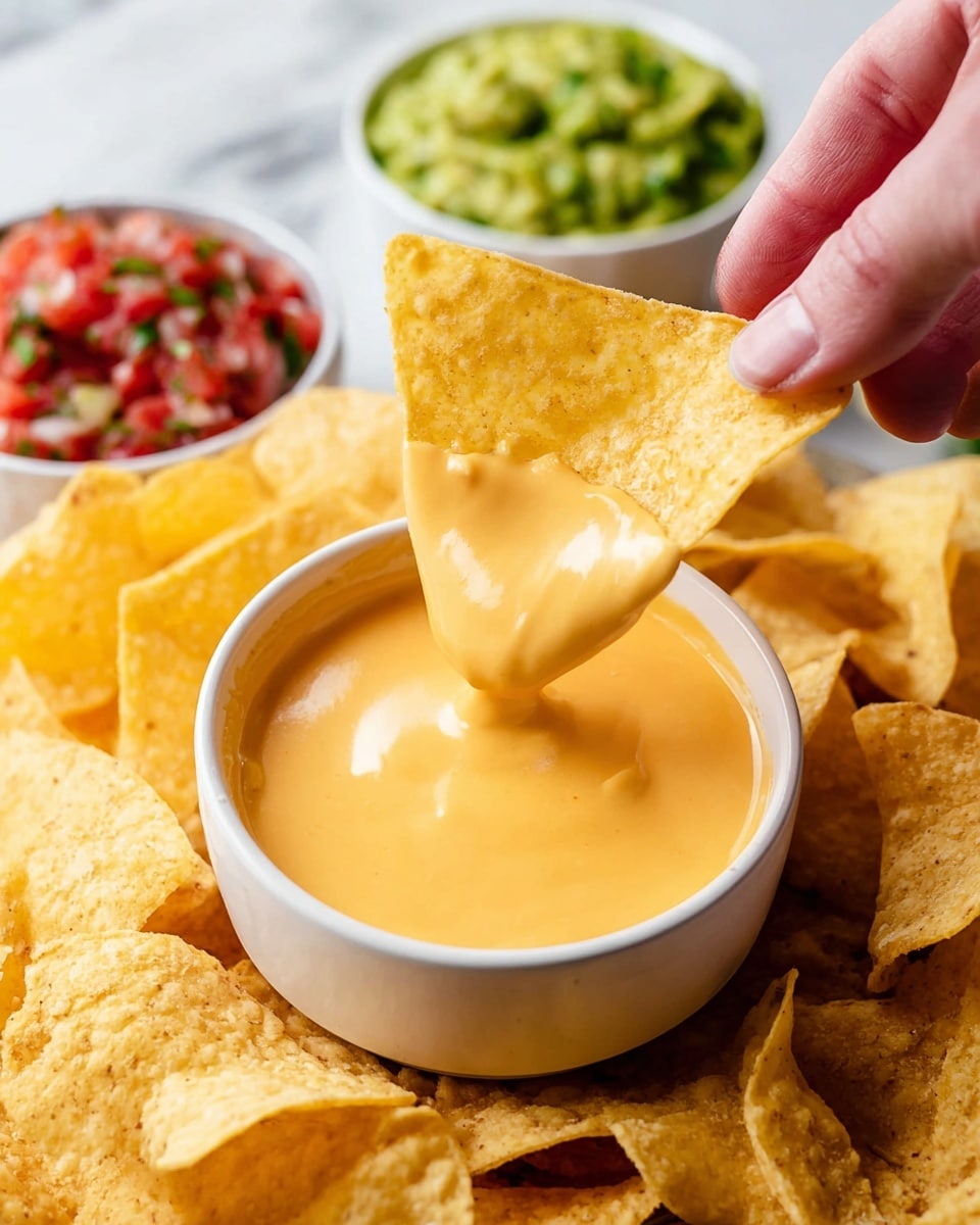 A close-up image showing a woman's hand dipping a triangular yellow tortilla chip into a small white bowl filled with smooth, creamy orange cheese sauce that slightly overflows the bowl's edge; surrounding the bowl are many more yellow tortilla chips, and behind it there are two small white bowls—one with green guacamole that has a slightly chunky texture and one with red salsa made of finely chopped tomatoes and herbs; the whole scene is set on a white marbled surface. photo taken with an iphone --ar 4:5 --v 7