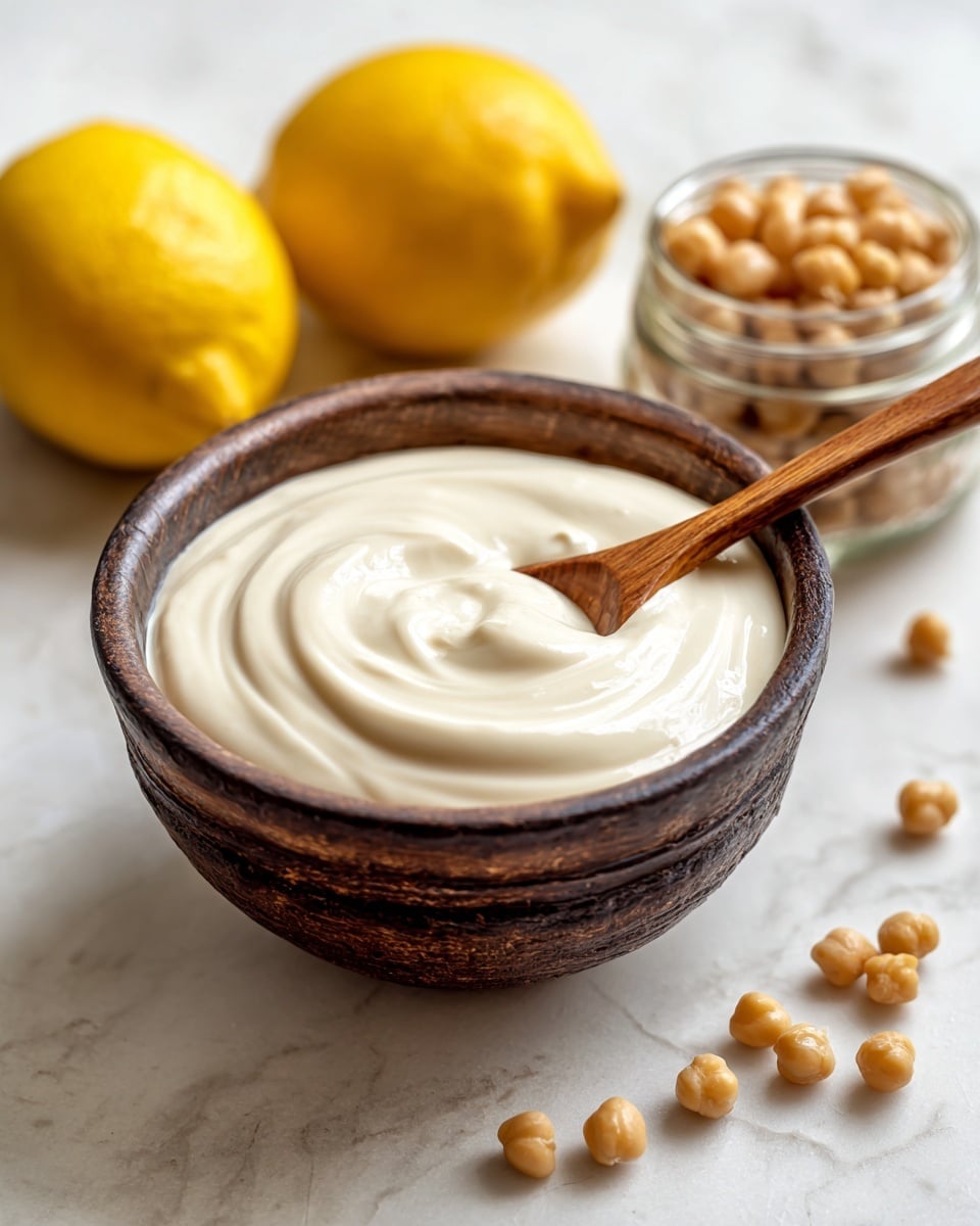 A small dark round bowl filled with smooth, creamy white sauce that swirls slightly on top, with a wooden spoon resting inside the bowl on the right side. Behind the bowl are two bright yellow lemons on the left and a jar of light brown chickpeas blurred in the background. The bowl is placed on a white marbled surface, giving a clean and fresh look. photo taken with an iphone --ar 4:5 --v 7
