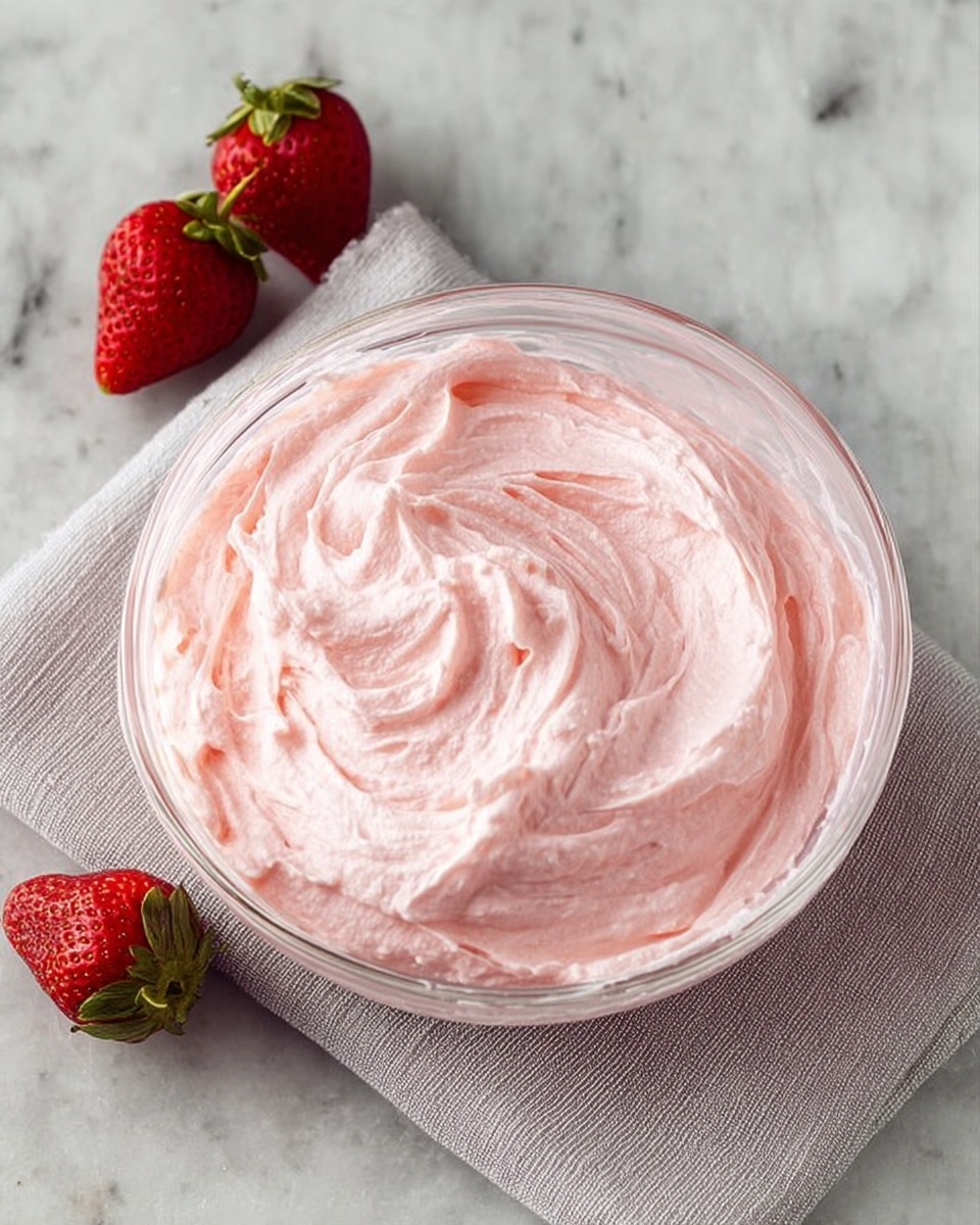 A clear glass bowl filled with a smooth, light pink whipped cream or mousse that has a soft, fluffy texture with swirls and peaks visible on the surface. The bowl sits on a light gray cloth placed on a white marbled surface. Next to the bowl, there are three fresh red strawberries with green leaves. The overall look is creamy and airy with a gentle pink color sitting inside the transparent bowl. Photo taken with an iphone --ar 4:5 --v 7