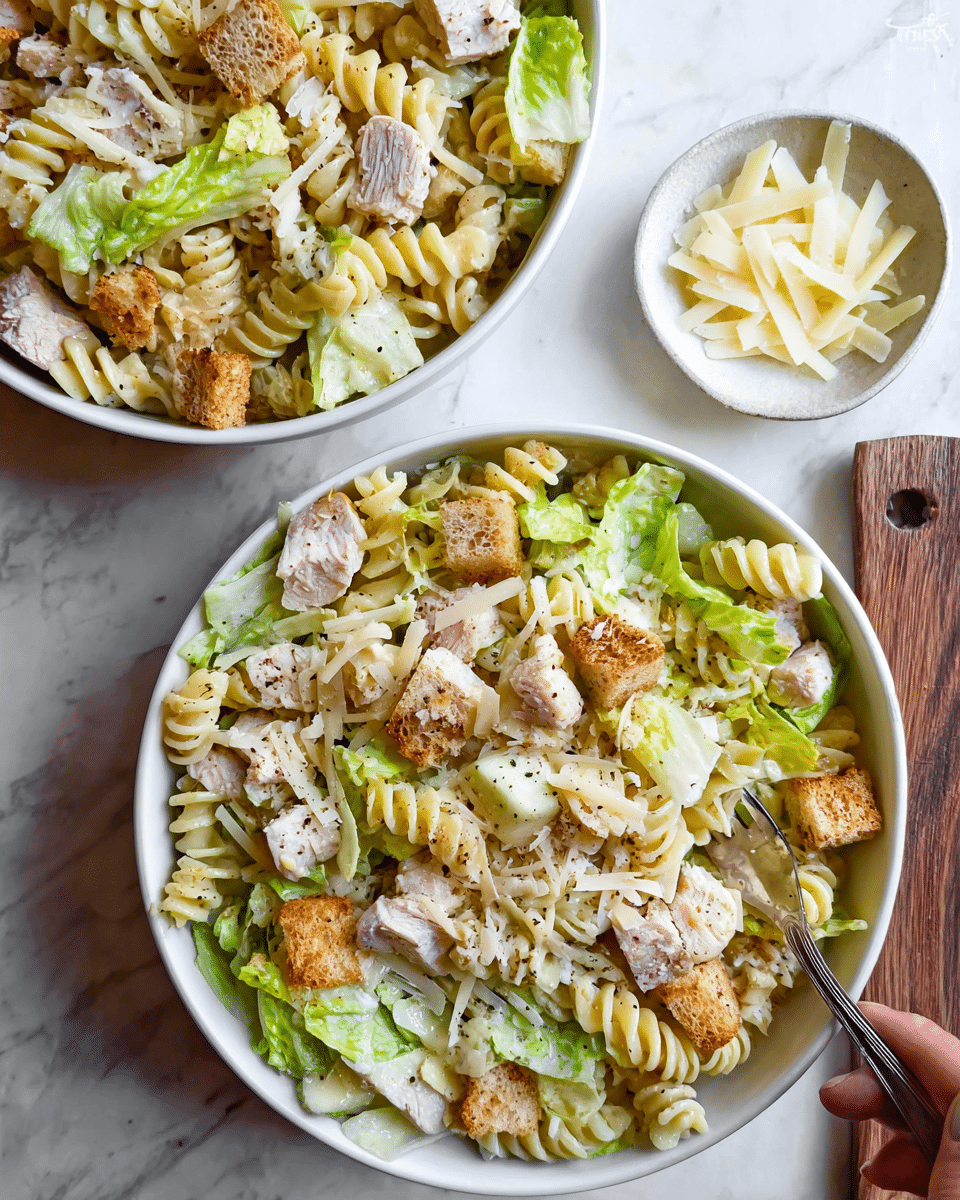 Two white bowls filled with a layered salad are placed on a white marbled textured surface. Each bowl contains a base layer of light green chopped lettuce, followed by a layer of twisted pale yellow rotini pasta scattered evenly. On top, there are chunks of light brown cooked chicken and golden brown croutons spread throughout. Thin slices of pale yellow cheese are sprinkled over everything, with a light sprinkle of black pepper visible. A white small bowl with thinly sliced cheese is placed to the upper right of the bowls. A silver fork is placed inside the top bowl, and a woman's hand is holding the fork. photo taken with an iphone --ar 4:5 --v 7