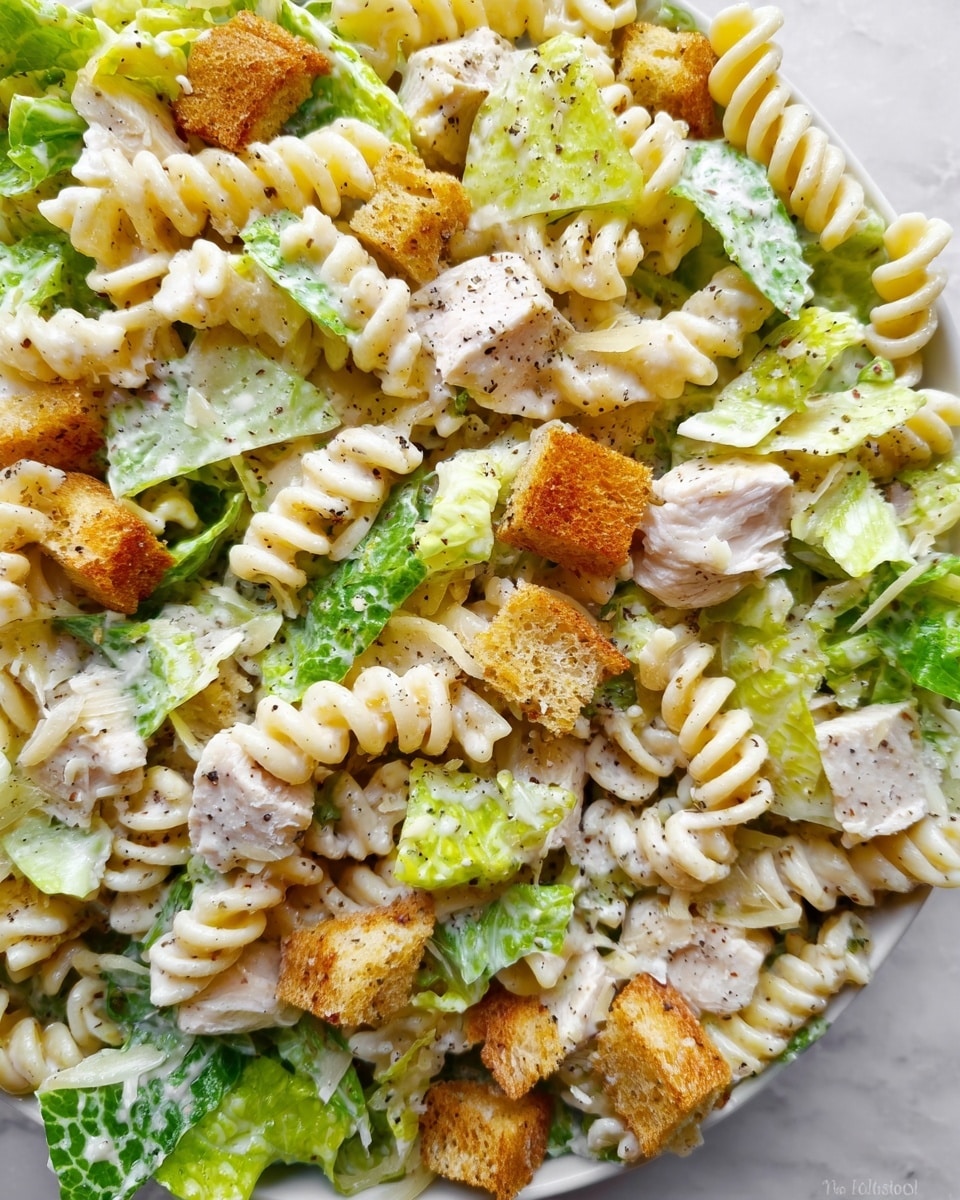 The dish shows a close-up of a pasta salad with three main layers: a base of short, spiral-shaped rotini pasta colored pale cream, mixed throughout with bright green leafy romaine lettuce pieces, and scattered golden-brown crunchy croutons on top. There are also small chunks of white chicken meat and thin, larger off-white slices of parmesan cheese spread evenly across the salad. The entire dish is lightly covered in a creamy white dressing with black pepper sprinkled over, all set against a white marbled texture background. photo taken with an iphone --ar 4:5 --v 7