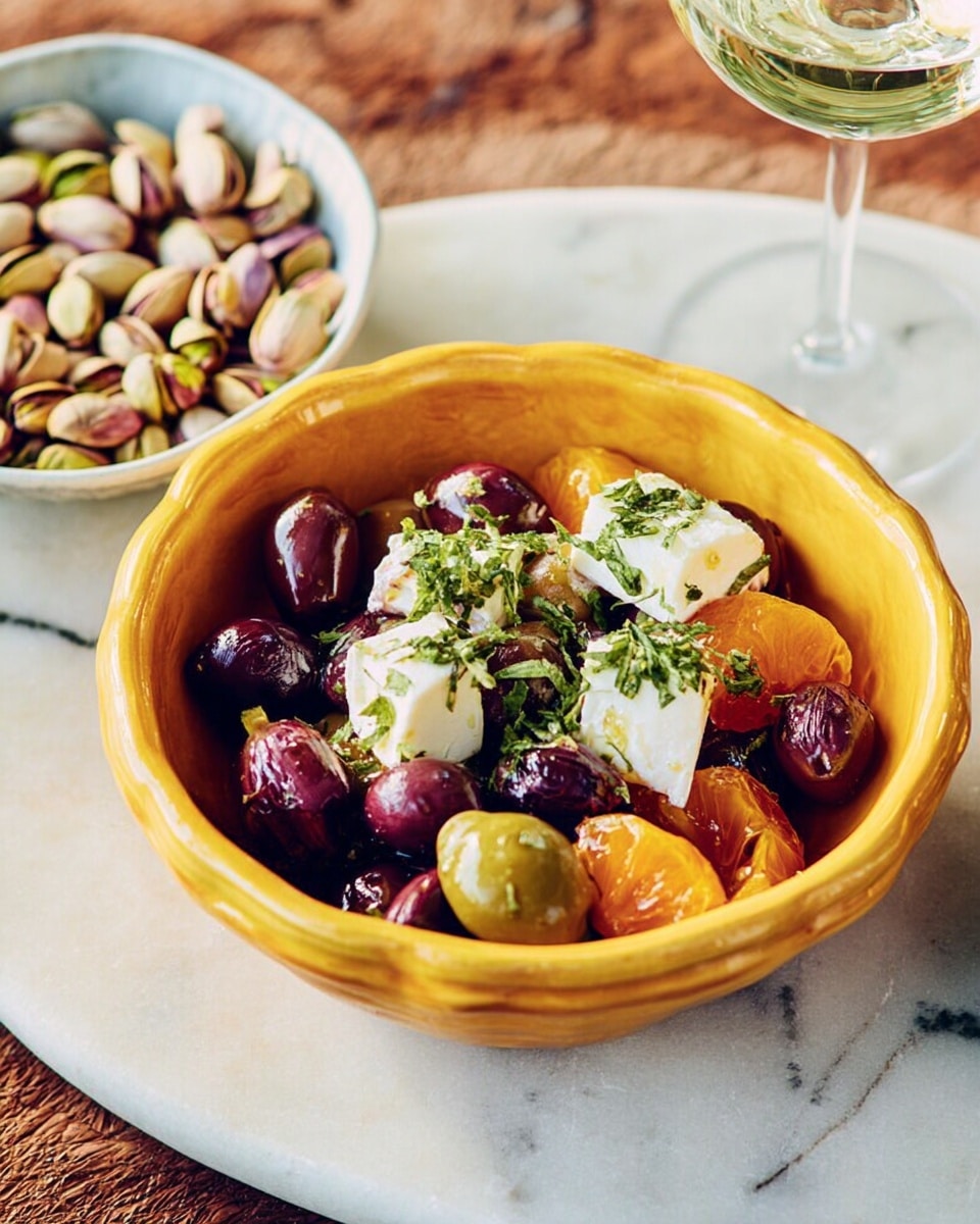 The image shows a white plate with a scalloped edge, filled with a colorful mix of ingredients. On the plate's base, dark purple and green olives sit next to bright orange dried fruit pieces. On top, there are soft white cubes of cheese, garnished with small green herb sprigs. To the left on the white marbled surface, there is a small bowl filled with light-colored nuts. The scene is well-lit, showing the shiny textures of the olives and the creamy softness of the cheese. Photo taken with an iphone --ar 4:5 --v 7