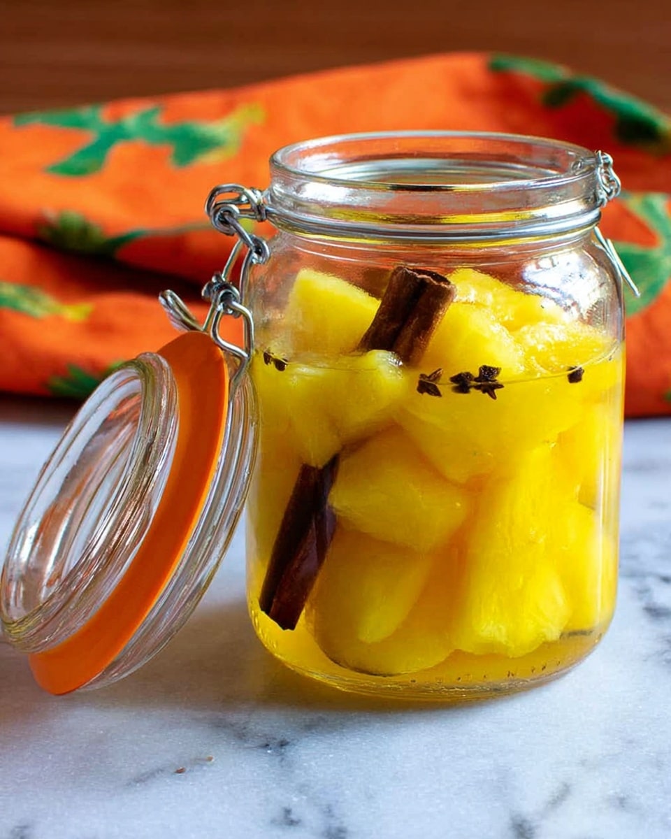 A clear glass jar with an orange rubber seal, its lid open and resting on the side, filled with bright yellow pineapple chunks submerged in a yellow liquid, with a dark brown cinnamon stick and darker small clove pieces inside; the jar sits on a white marbled surface with an orange cloth with green leaf patterns slightly blurred in the background. photo taken with an iphone --ar 4:5 --v 7