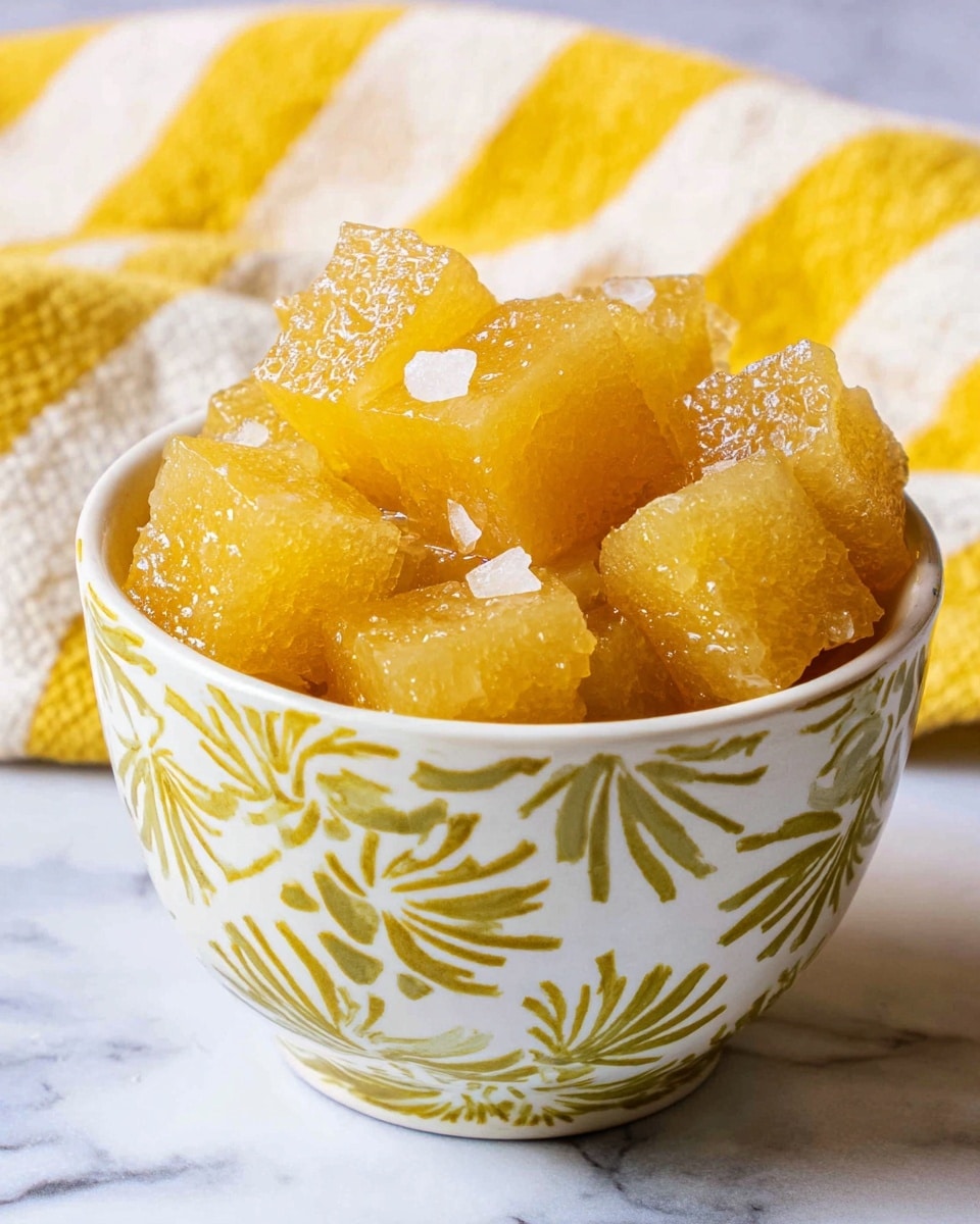 A close-up view of a small white bowl with yellow flower and green leaf patterns, filled with shiny golden yellow cubes that look juicy and slightly translucent. The cubes are layered randomly, some showing small white pieces on top. The bowl sits on a white marbled surface with a folded yellow and white striped cloth underneath. The lighting is soft, highlighting the glossy texture of the cubes. photo taken with an iphone --ar 4:5 --v 7