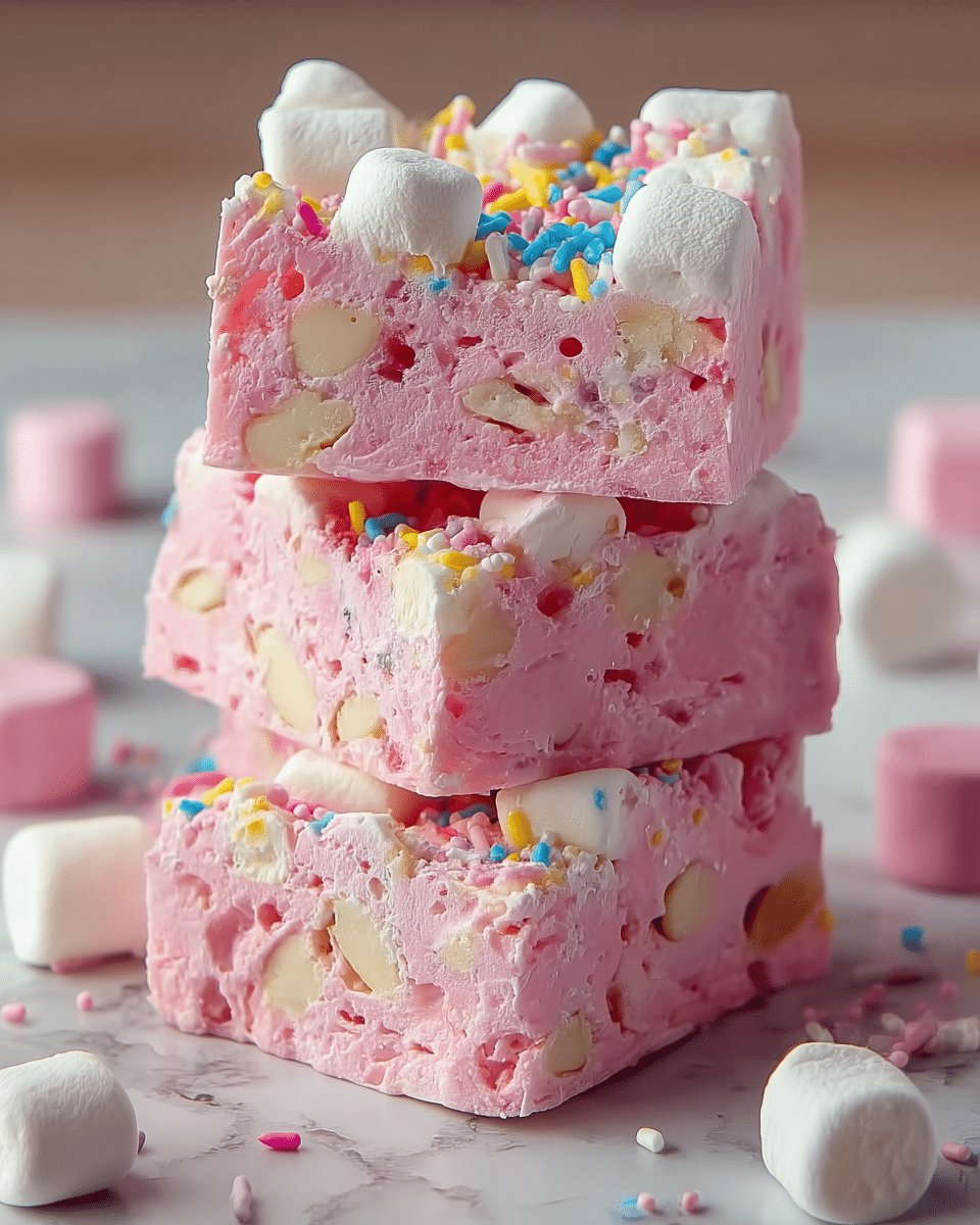 The image shows three thick square pieces of pink marshmallow fudge stacked on a white marbled surface. Each piece has a soft, fluffy texture and is filled with chunky white nuts and small holes, giving them a slightly uneven look. The top layer of the fudge is decorated with white and pink mini marshmallows and small colorful candy sprinkles in blue, yellow, pink, and white, adding bright pops of color. Around the fudge squares, a few white and pink mini marshmallows are scattered, enhancing the sweet and playful feel. The photo is clear with soft lighting, highlighting the creamy texture and vibrant details of the fudge. Photo taken with an iphone --ar 4:5 --v 7