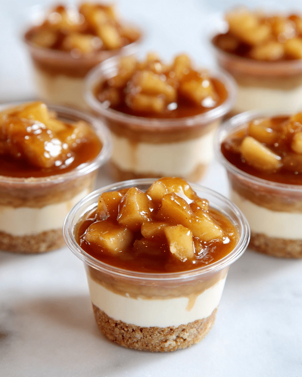 The image shows small clear plastic cups filled with a layered dessert. The bottom layer is a crumbly light brown crust, topped by a smooth, creamy off-white layer. Above that is a shiny, thick caramel-colored sauce, and the top layer is made of chunky caramelized apple pieces in a glossy brown syrup. The dessert cups are placed on a white marbled surface. Photo taken with an iphone --ar 4:5 --v 7