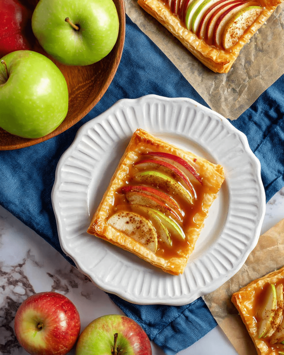 A rectangular puff pastry tart sits on a white plate with a delicate lace-like edge, placed on a blue cloth. The tart has a golden, flaky base topped with thin, overlapping slices of red and green apples arranged in a curved pattern. A shiny caramel glaze is drizzled over the apples and around the tart on the plate. Nearby, there are more apple tarts placed directly on parchment paper, showcasing the same layered apple slices with a glossy finish. In the background, a wooden bowl holds a green apple and a red apple, with an additional green apple next to it, all set against a white marbled surface. Photo taken with an iphone --ar 4:5 --v 7