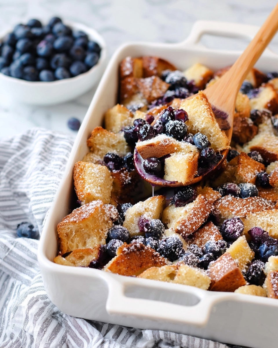 A white plate holds a thick slice of bread pudding made of golden brown bread cubes with a soft, moist texture inside, topped with dark purple blueberries scattered across the top. The pudding sits in a pool of light amber syrup that glistens under soft light. A silver fork rests on the edge of the plate. In the background, there is a white baking dish filled with the same bread pudding, also topped with blueberries and a light dusting of powdered sugar. The surface beneath is a white marbled texture. Photo taken with an iphone --ar 4:5 --v 7