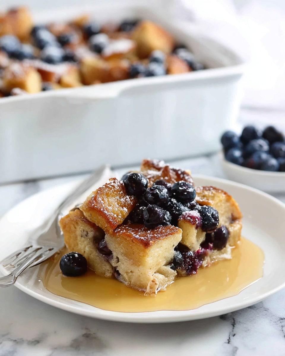 This image shows a white rectangular baking dish filled with a dessert made of browned, toasted bread pieces and fresh blueberries scattered throughout. The bread chunks are irregular in shape, golden-brown on edges with a soft, toasted texture. Light dusting of white powdered sugar covers the top, adding a touch of sweetness and contrast. A wooden spoon is scooping a portion, mixing the pieces and berries. In the background, there is a small white bowl filled with more blueberries, and the dish is placed on a white marbled surface with a striped cloth partially underneath. Photo taken with an iphone --ar 4:5 --v 7