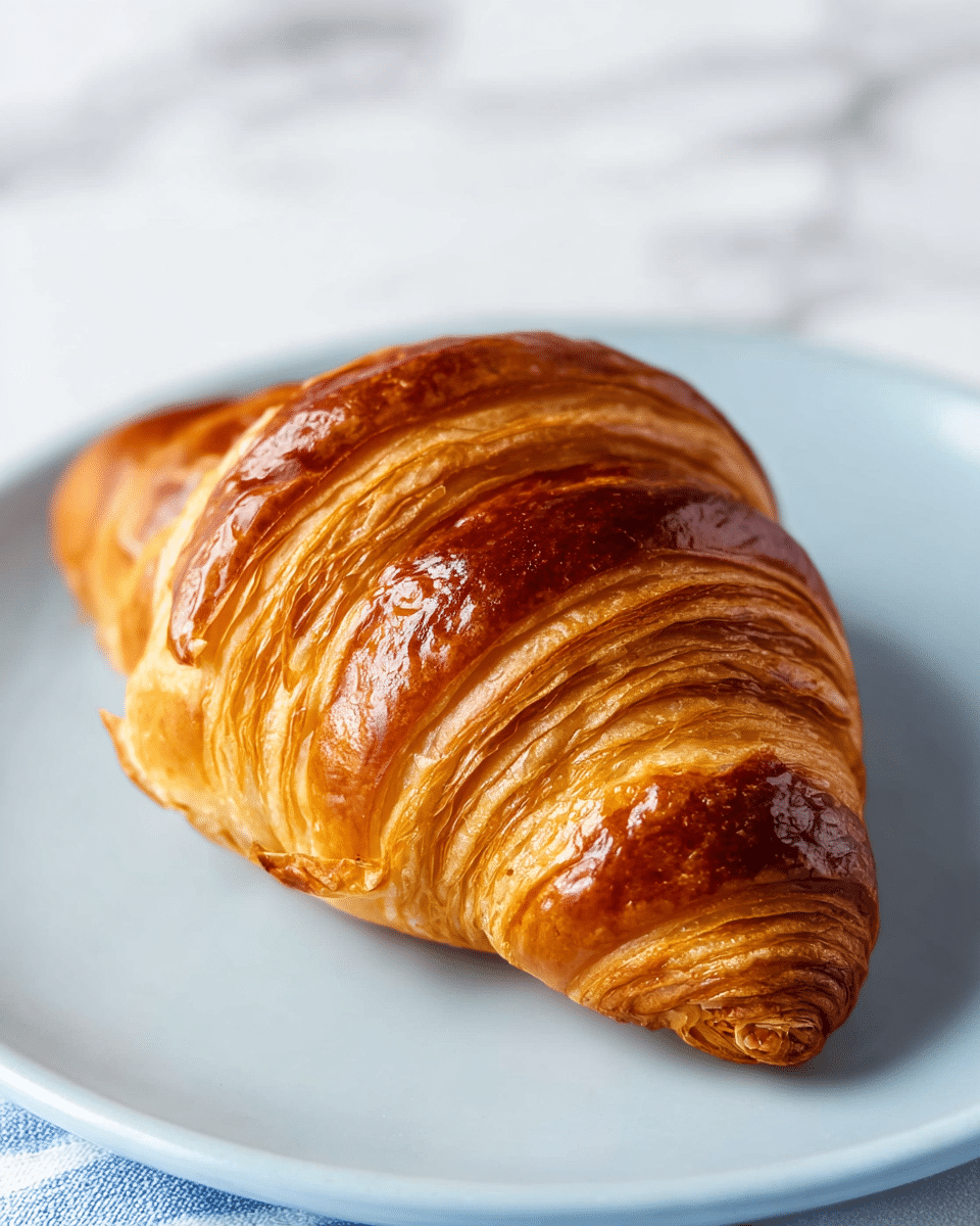 A single golden-brown croissant sits on a smooth white plate, showing its multiple flaky layers that are glossy and shiny on top from a perfect bake. The croissant is shaped in a classic crescent form with the layered dough visibly spiraling from the center to the edges, with darker browning on the tips. The background shows a soft blurred white marbled texture, creating a clean and simple setting for the pastry. photo taken with an iphone --ar 4:5 --v 7