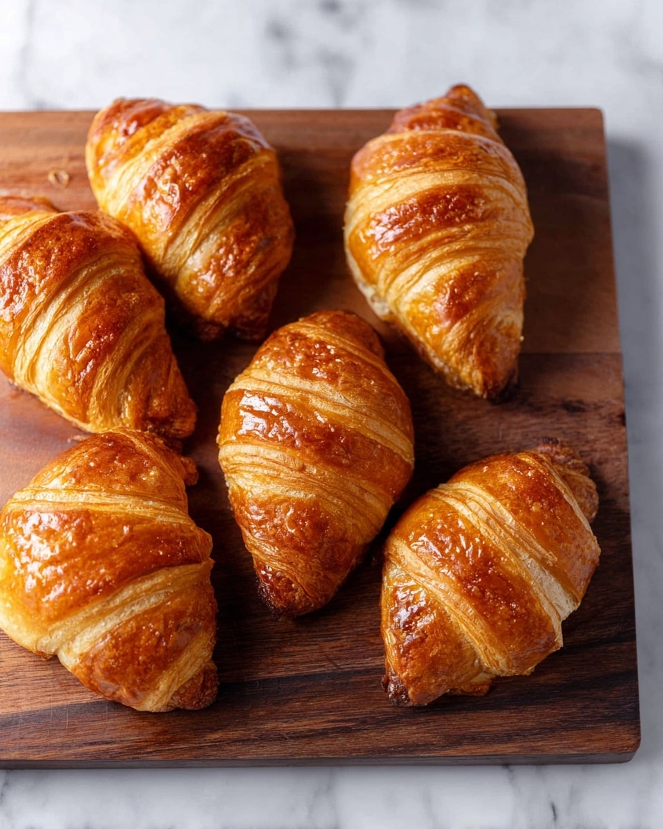 Six golden brown croissants with multiple flaky layers are arranged on a dark wooden board. The croissants have a shiny, slightly glossy surface showing their crisp texture. They are placed in a loose cluster with some croissants partially overlapping. The background is a white marbled texture. photo taken with an iphone --ar 4:5 --v 7