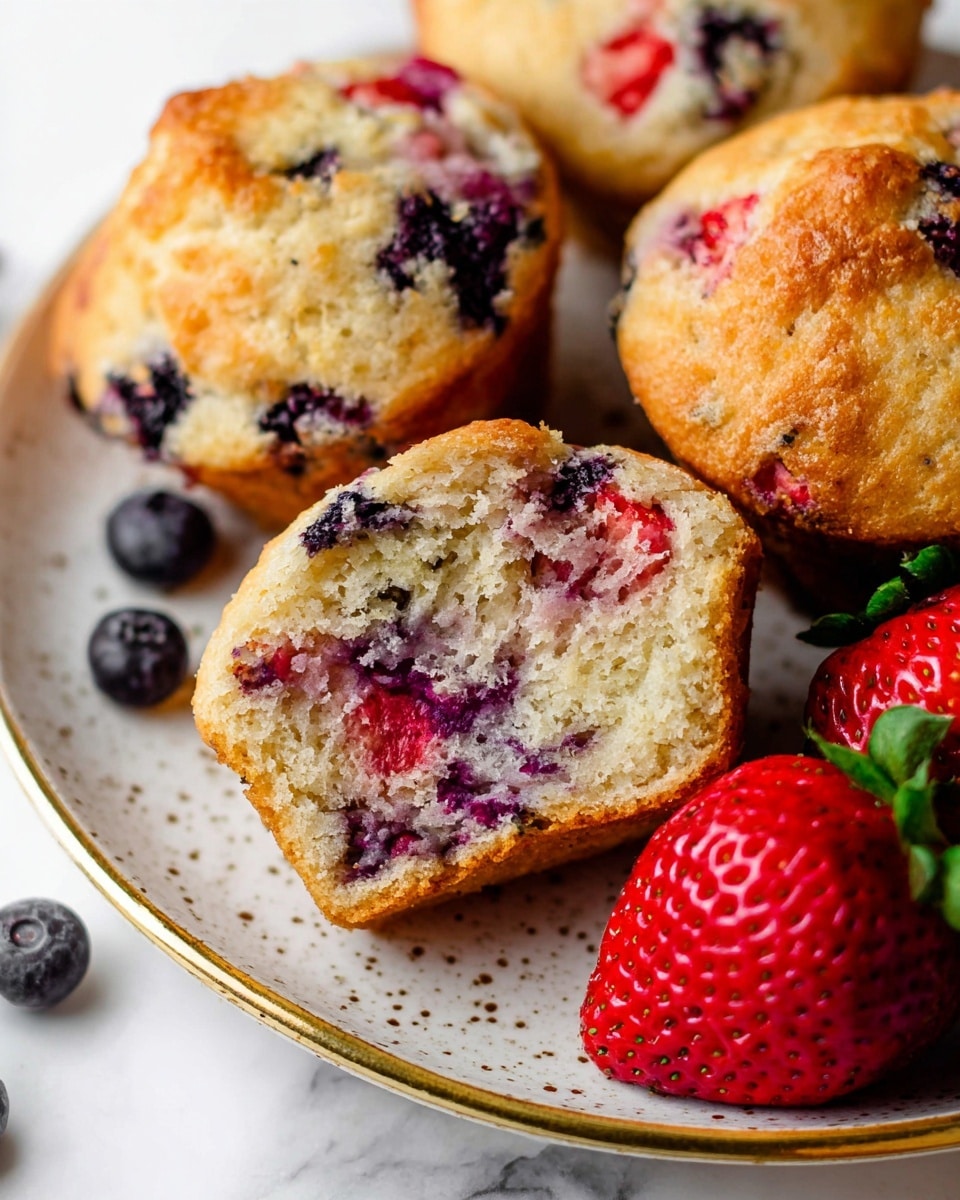 The image shows a close-up of a few blueberry and strawberry muffins, with one muffin cut in half revealing a soft, moist inside filled with purple blueberries and red strawberry bits scattered throughout. The outside of the muffins has a golden brown, slightly crispy texture. The cut muffins rest on a white speckled plate with a gold rim, alongside a fresh, bright red strawberry with green leaves near the front. The background is a white marbled texture, adding a clean and fresh look to the scene. photo taken with an iphone --ar 4:5 --v 7