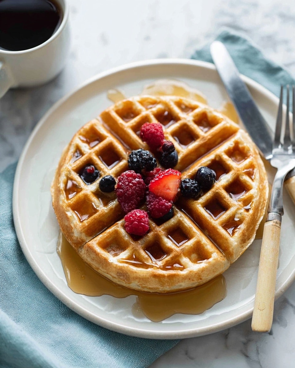 A single round golden-brown waffle with a slightly crispy texture sits at the center of a white plate. The waffle is divided into deep square pockets, some filled with honey syrup that slowly drips down the sides. On top of the waffle, there is a small pile of fresh berries including bright red raspberries, dark blue blueberries, and a few pieces of strawberry, adding a pop of color and freshness. Honey syrup is also gently pooled on the plate around the waffle. The plate is placed on a white marbled surface next to a folded light blue cloth napkin, with a fork and knife having light tan handles resting on it. In the background, there is a white cup with dark coffee and a glass with a dark beverage. photo taken with an iphone --ar 4:5 --v 7